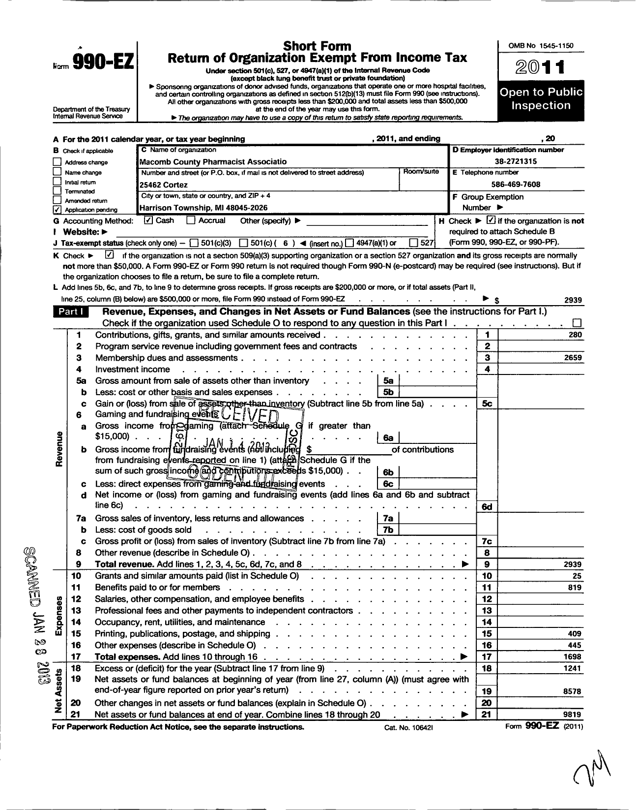 Image of first page of 2011 Form 990EO for Macomb County Pharmacist Association