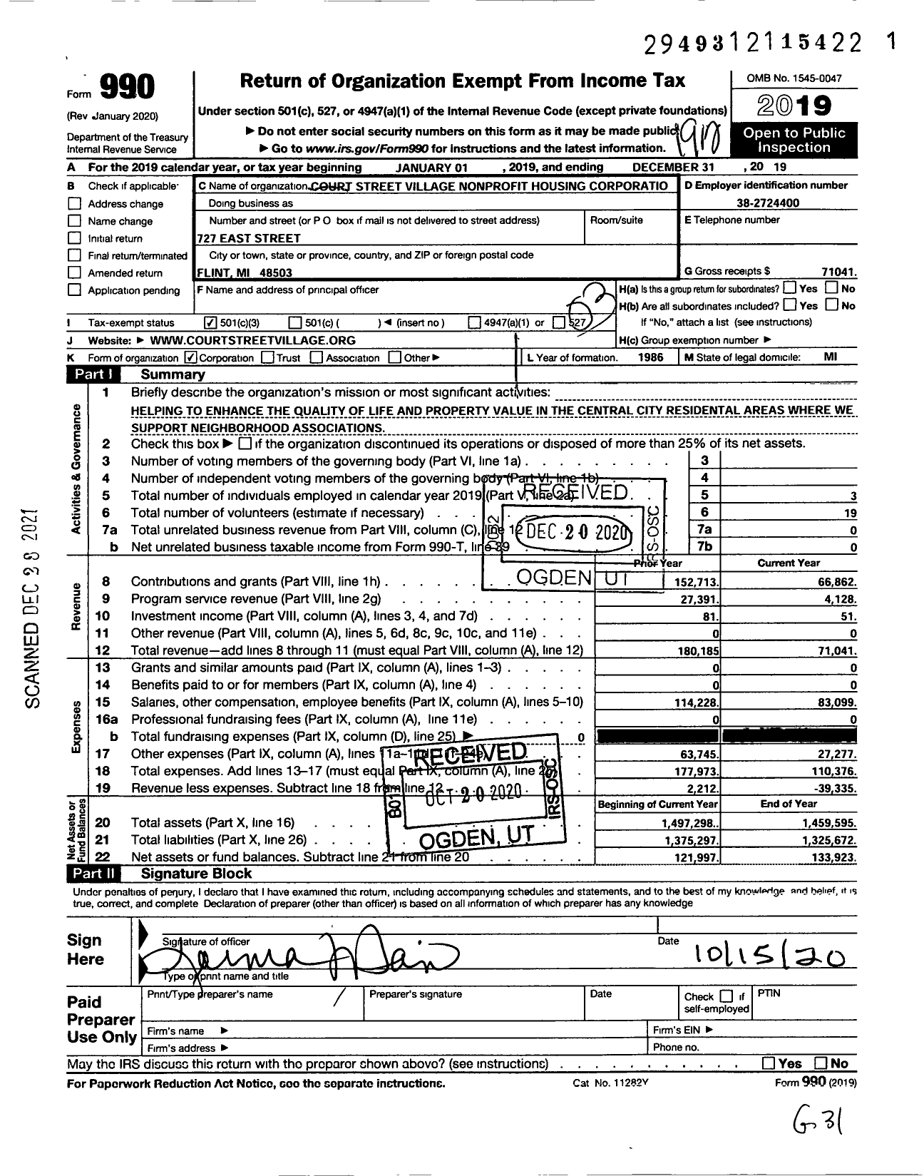 Image of first page of 2019 Form 990 for Court Street Village Non-Profit Housing Corporation