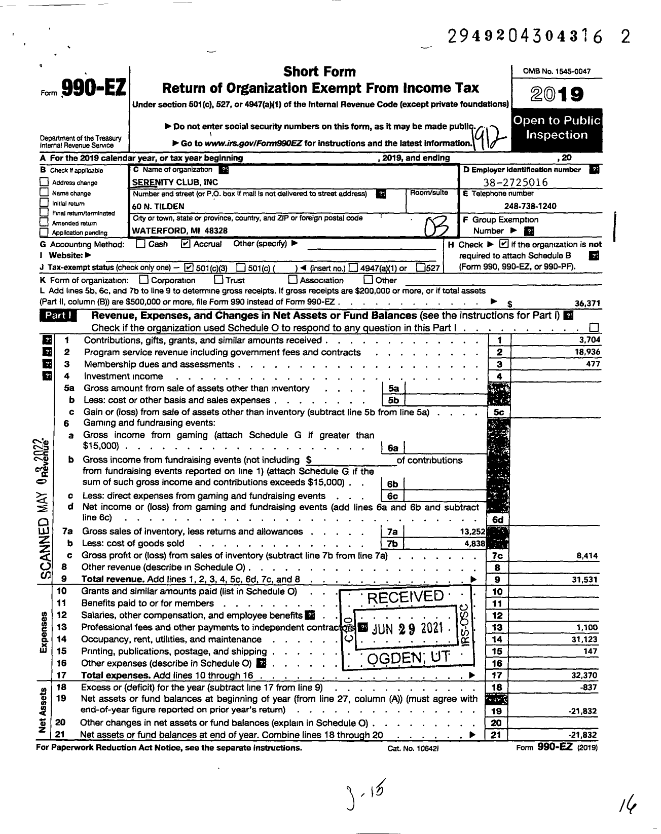 Image of first page of 2019 Form 990EZ for Serenity Club