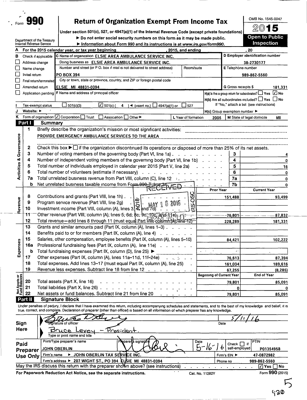 Image of first page of 2015 Form 990O for Elsie Area Ambulance Service