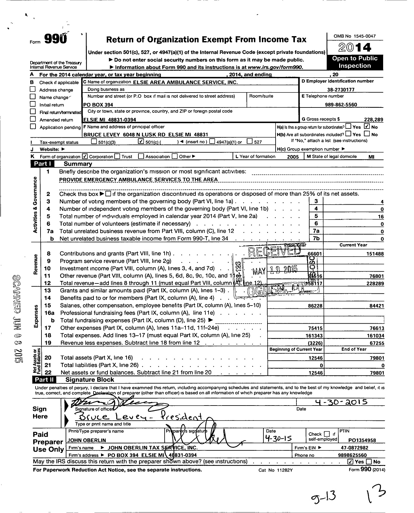 Image of first page of 2014 Form 990O for Elsie Area Ambulance Service