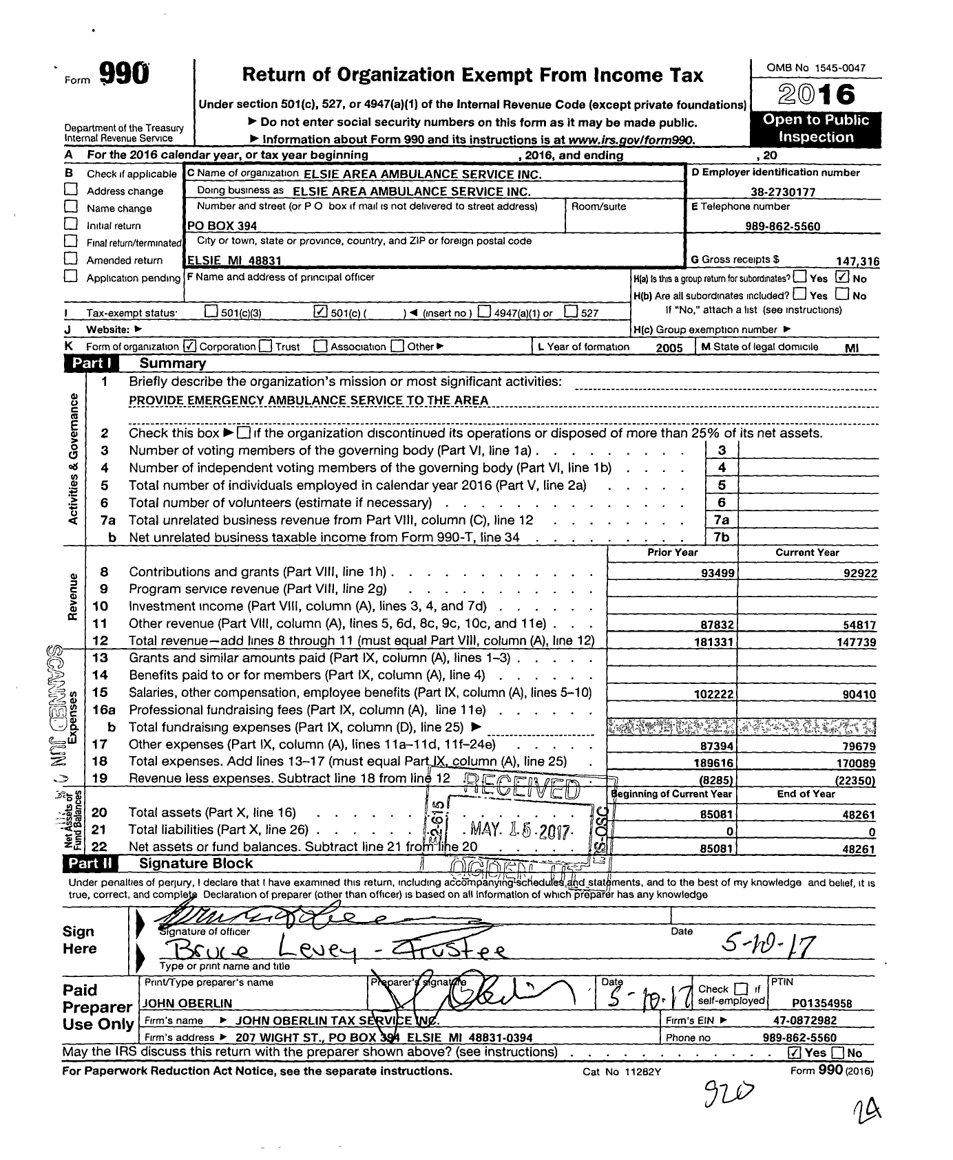 Image of first page of 2016 Form 990O for Elsie Area Ambulance Service