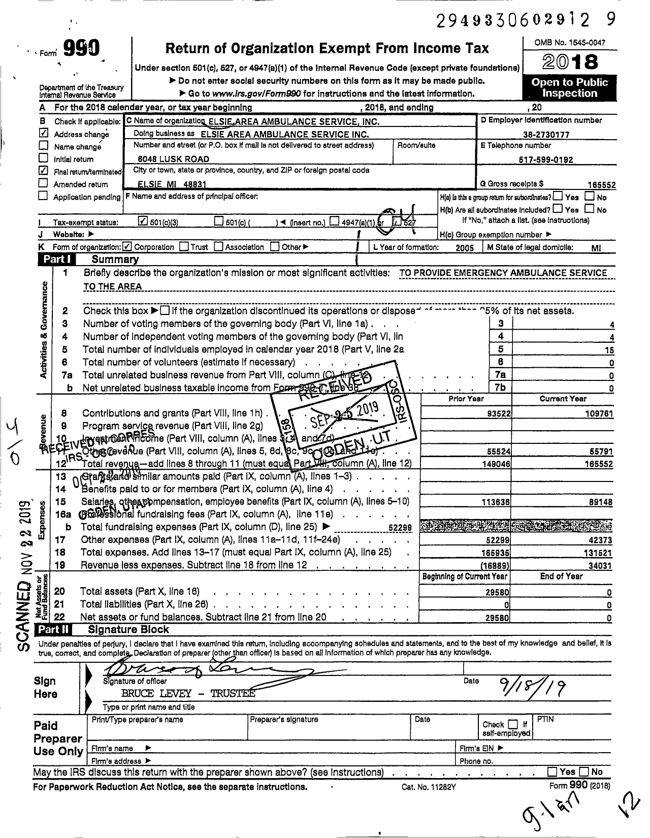 Image of first page of 2018 Form 990O for Elsie Area Ambulance Service