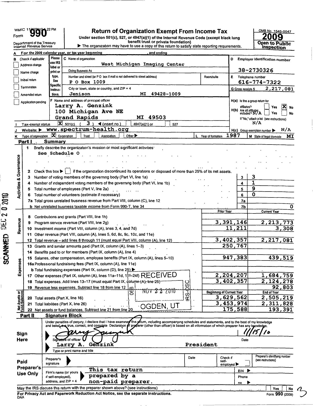 Image of first page of 2009 Form 990 for West Michigan Imaging Center