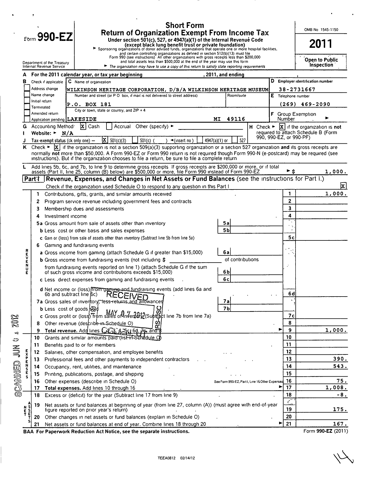 Image of first page of 2011 Form 990EZ for Wilkinson Heritage Corporation