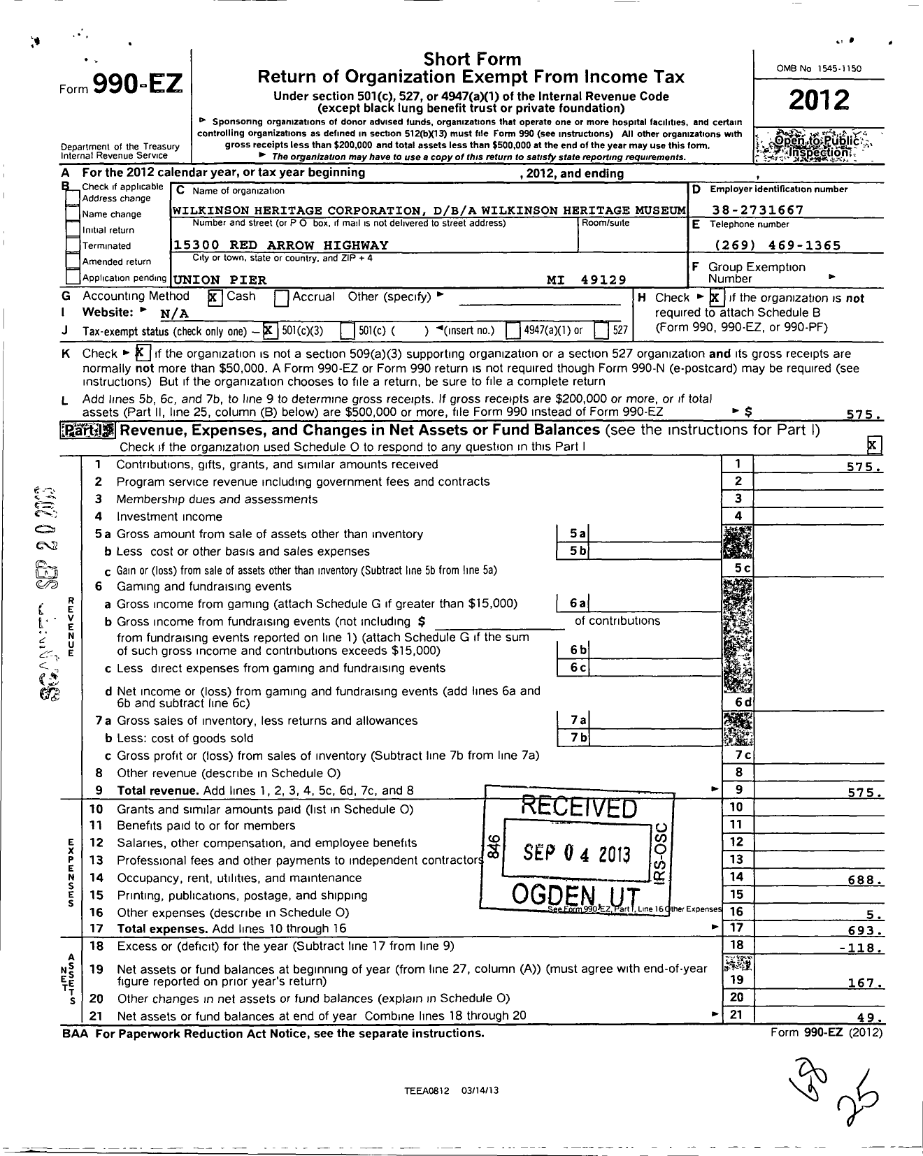 Image of first page of 2012 Form 990EZ for Wilkinson Heritage Corporation