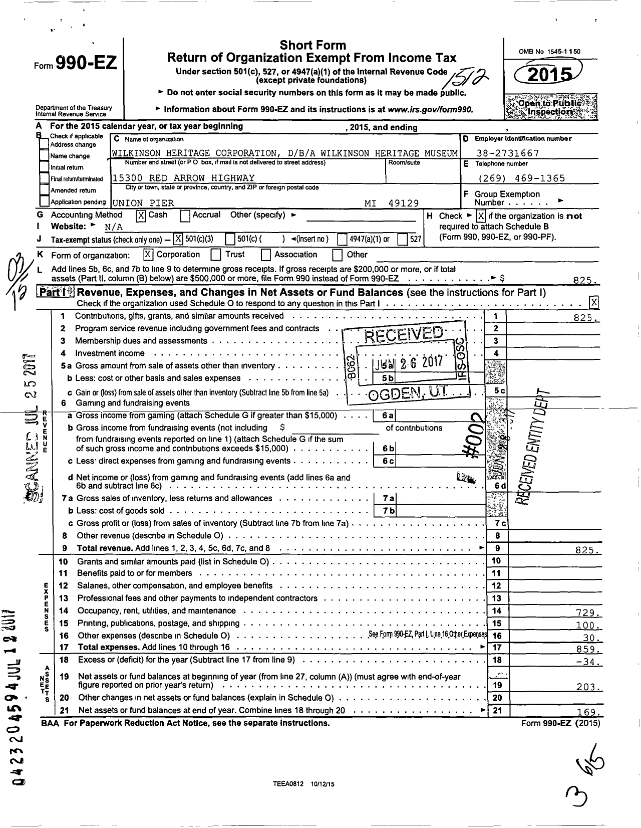 Image of first page of 2015 Form 990EZ for Wilkinson Heritage Corporation