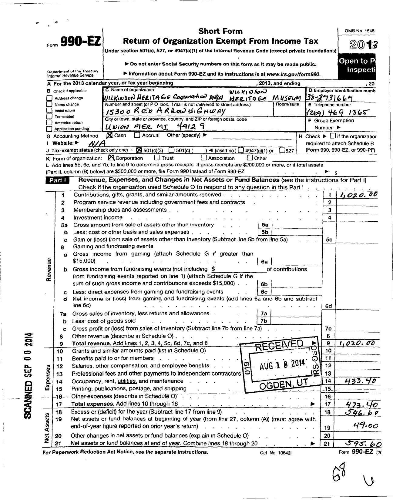 Image of first page of 2013 Form 990EZ for Wilkinson Heritage Corporation