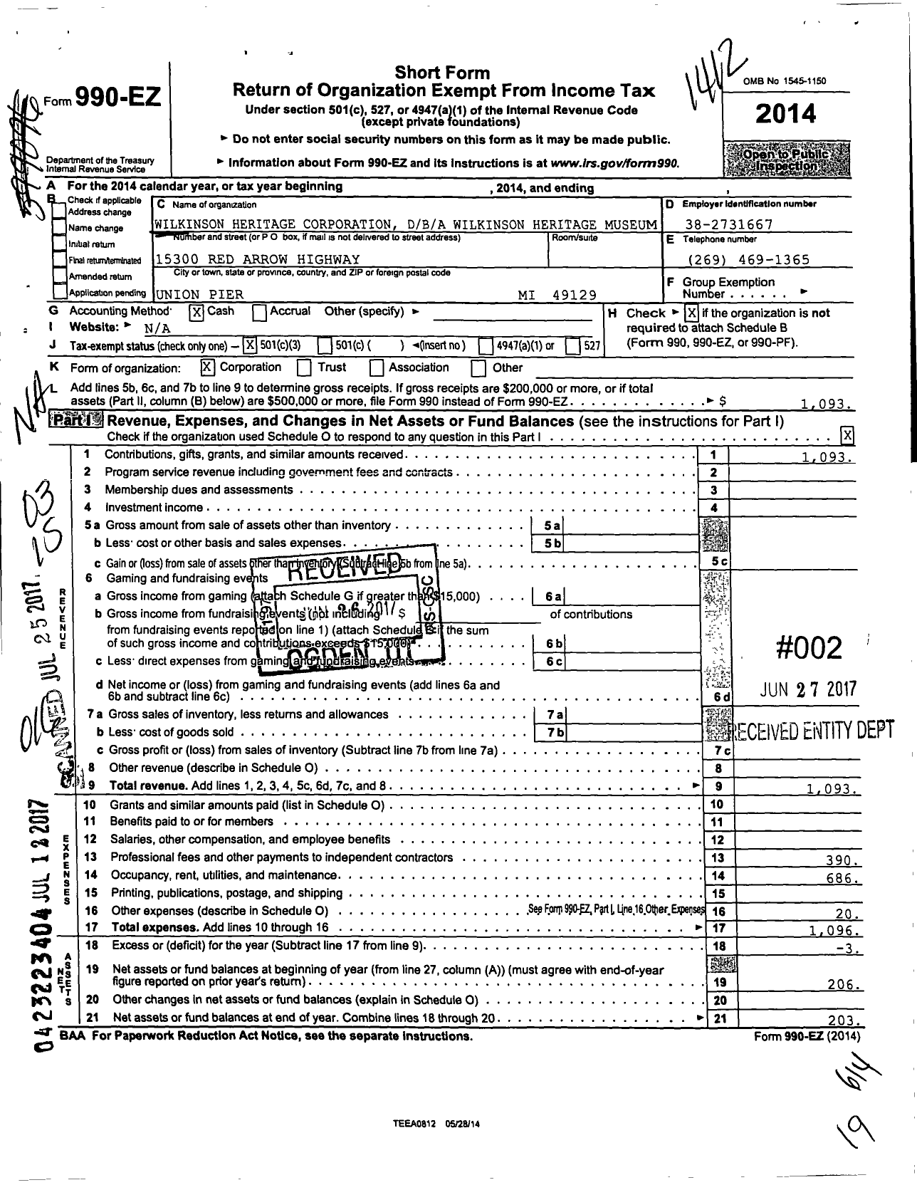 Image of first page of 2014 Form 990EZ for Wilkinson Heritage Corporation