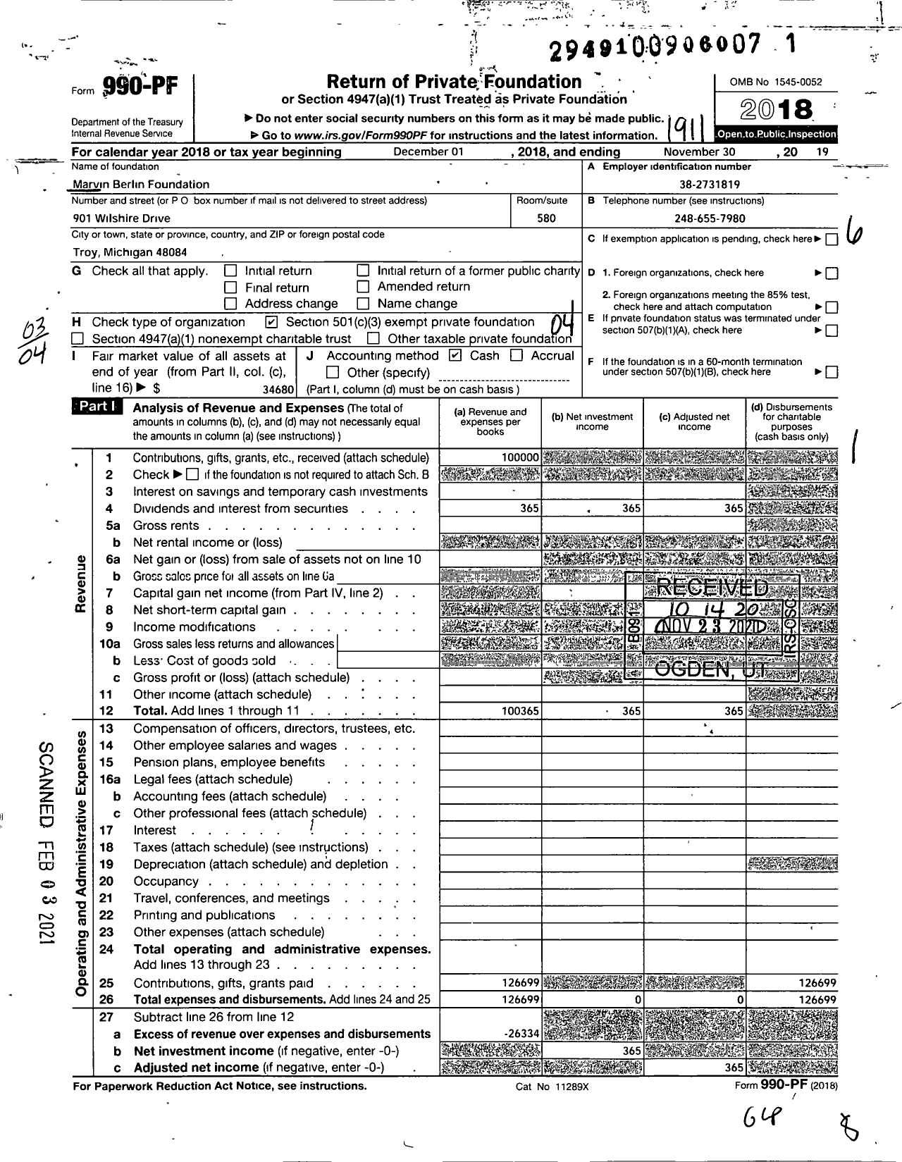 Image of first page of 2018 Form 990PF for Marvin Berlin Foundation