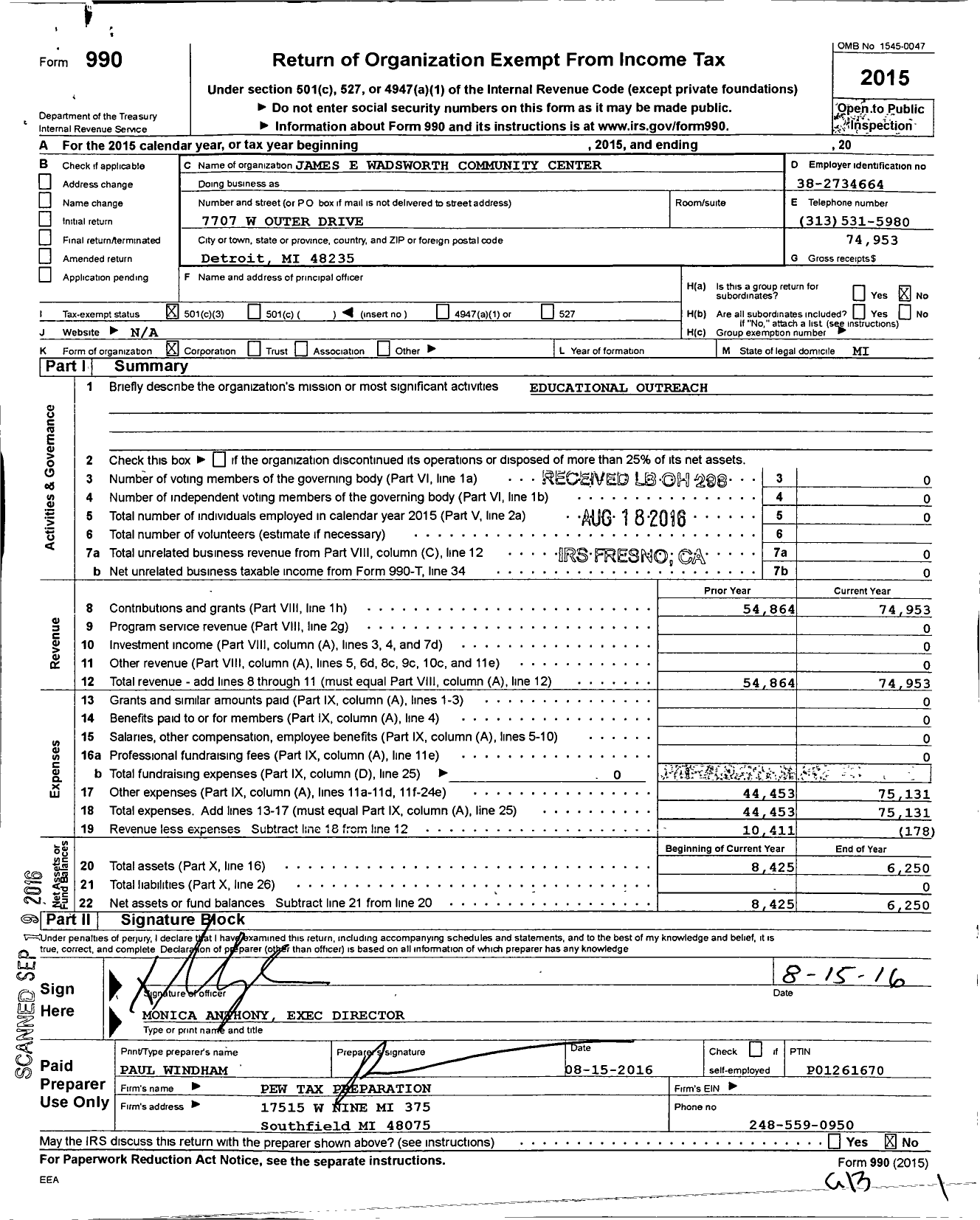 Image of first page of 2015 Form 990 for James E Wadworth Community Center