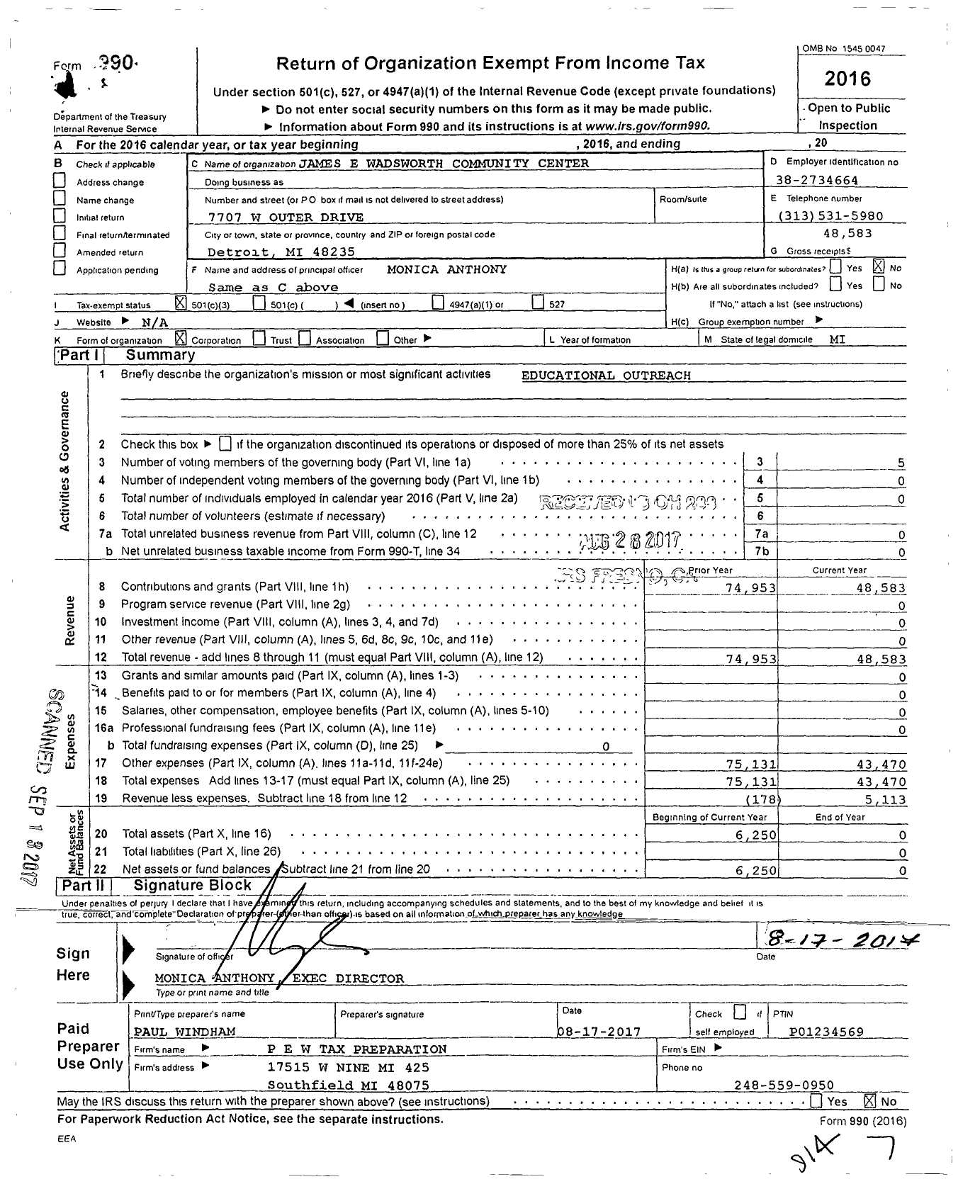 Image of first page of 2016 Form 990 for James E Wadworth Community Center