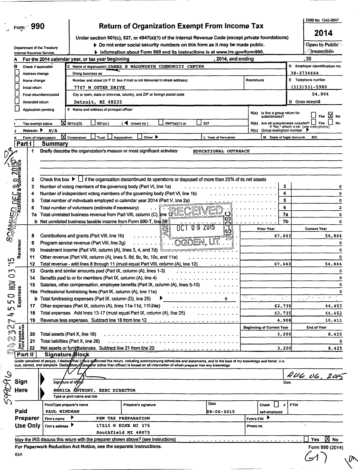 Image of first page of 2014 Form 990 for James E Wadworth Community Center