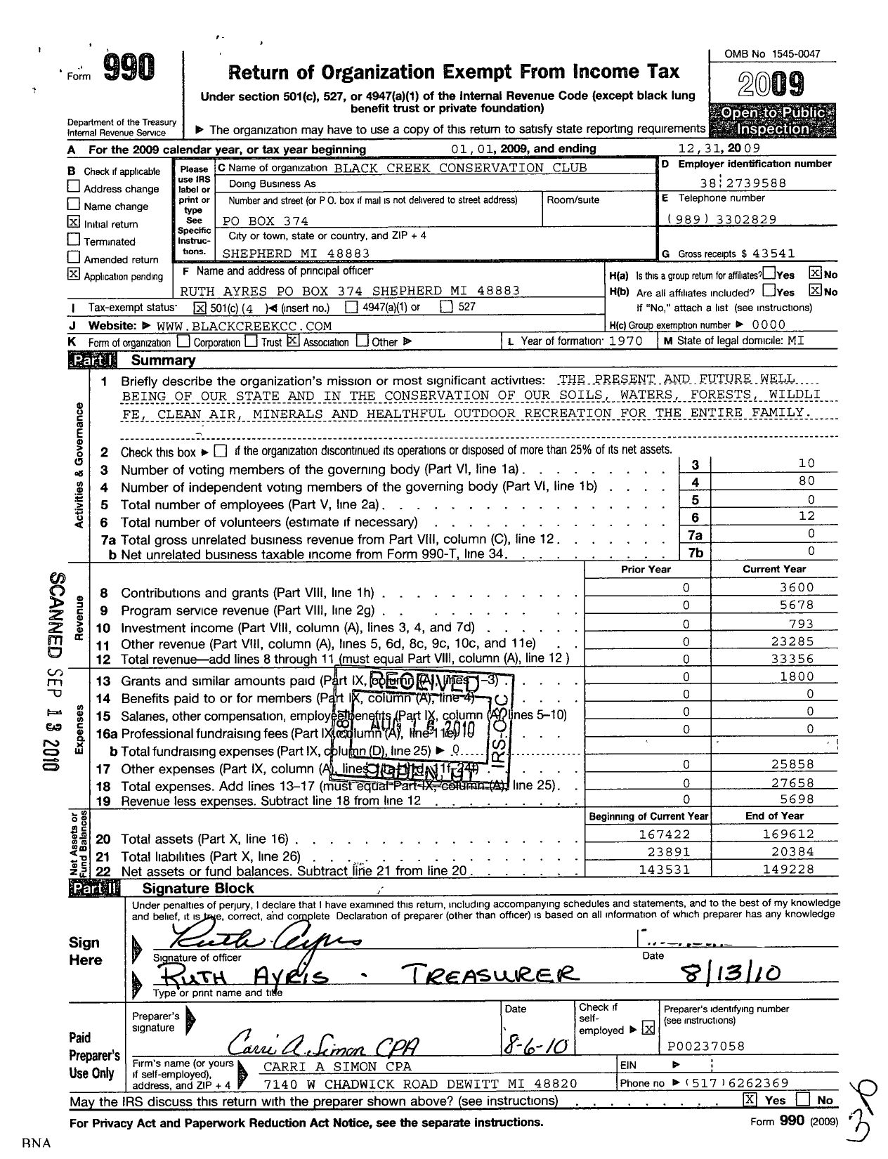 Image of first page of 2009 Form 990O for Black Creek Conservation Club