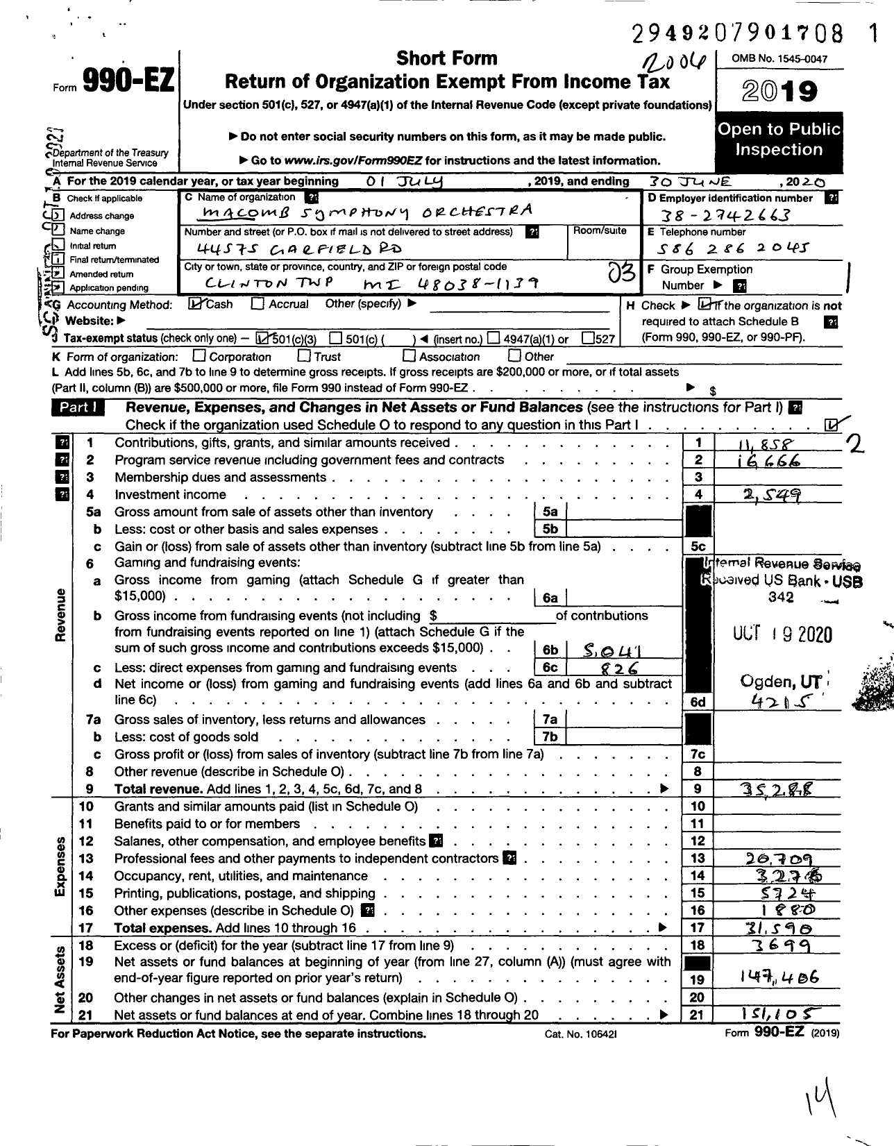 Image of first page of 2019 Form 990EZ for Macomb Symphony Orchestra