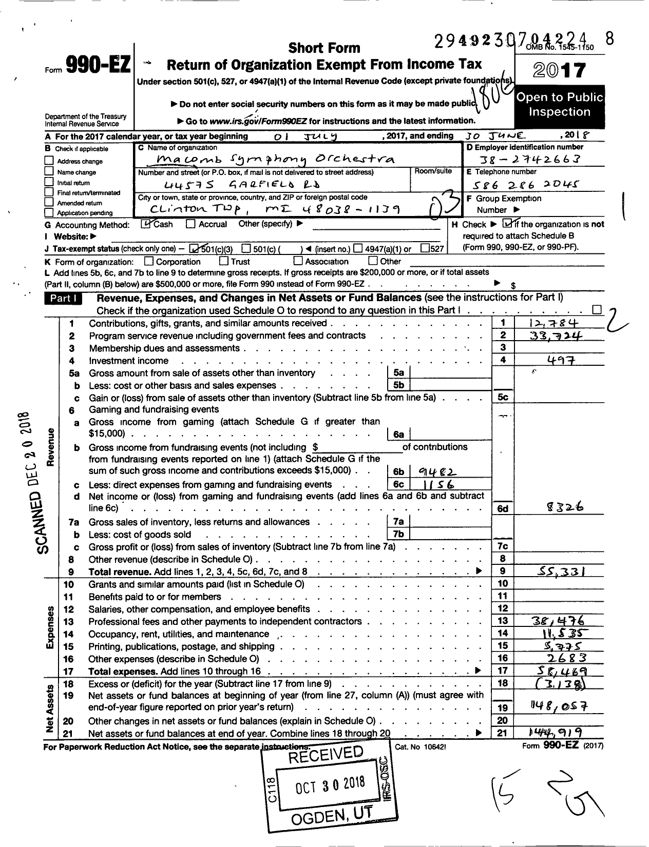 Image of first page of 2017 Form 990EZ for Macomb Symphony Orchestra