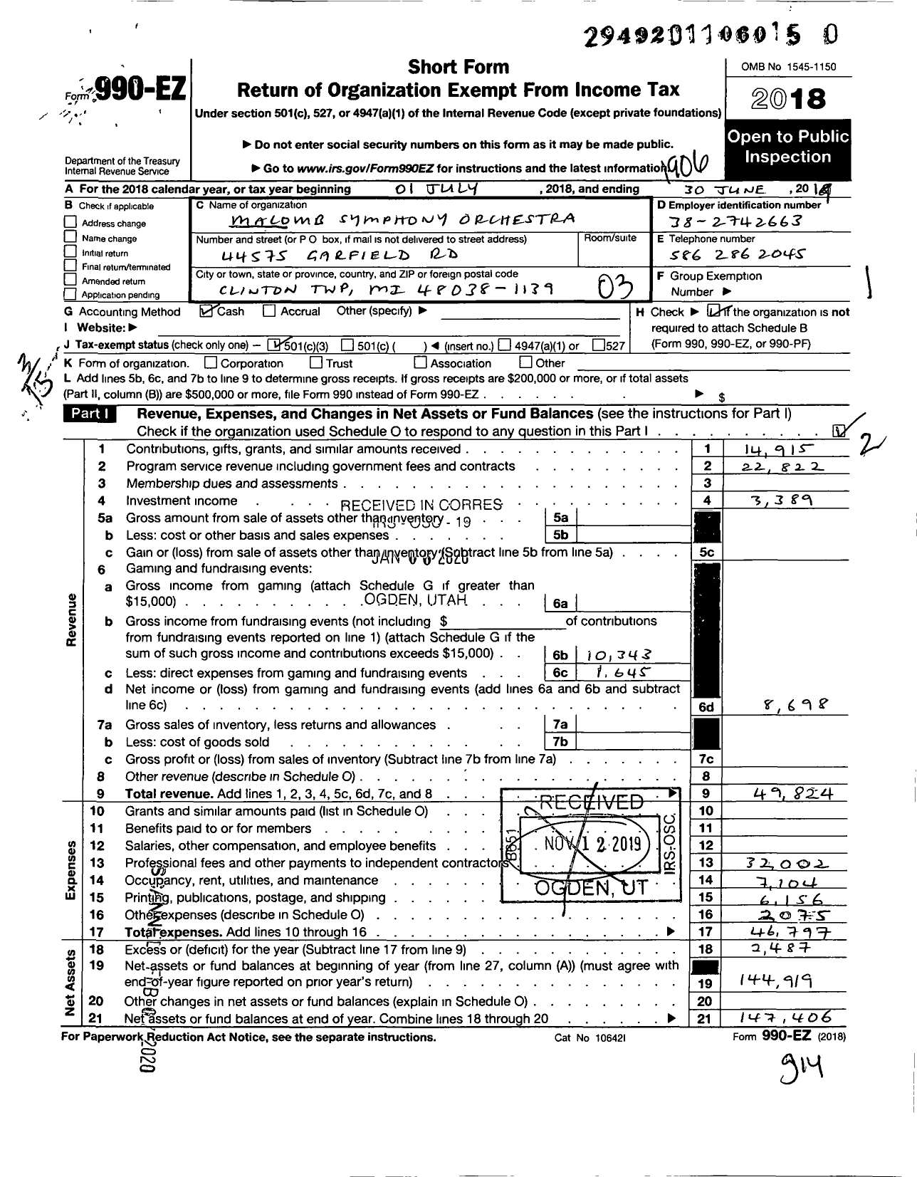 Image of first page of 2018 Form 990EZ for Macomb Symphony Orchestra