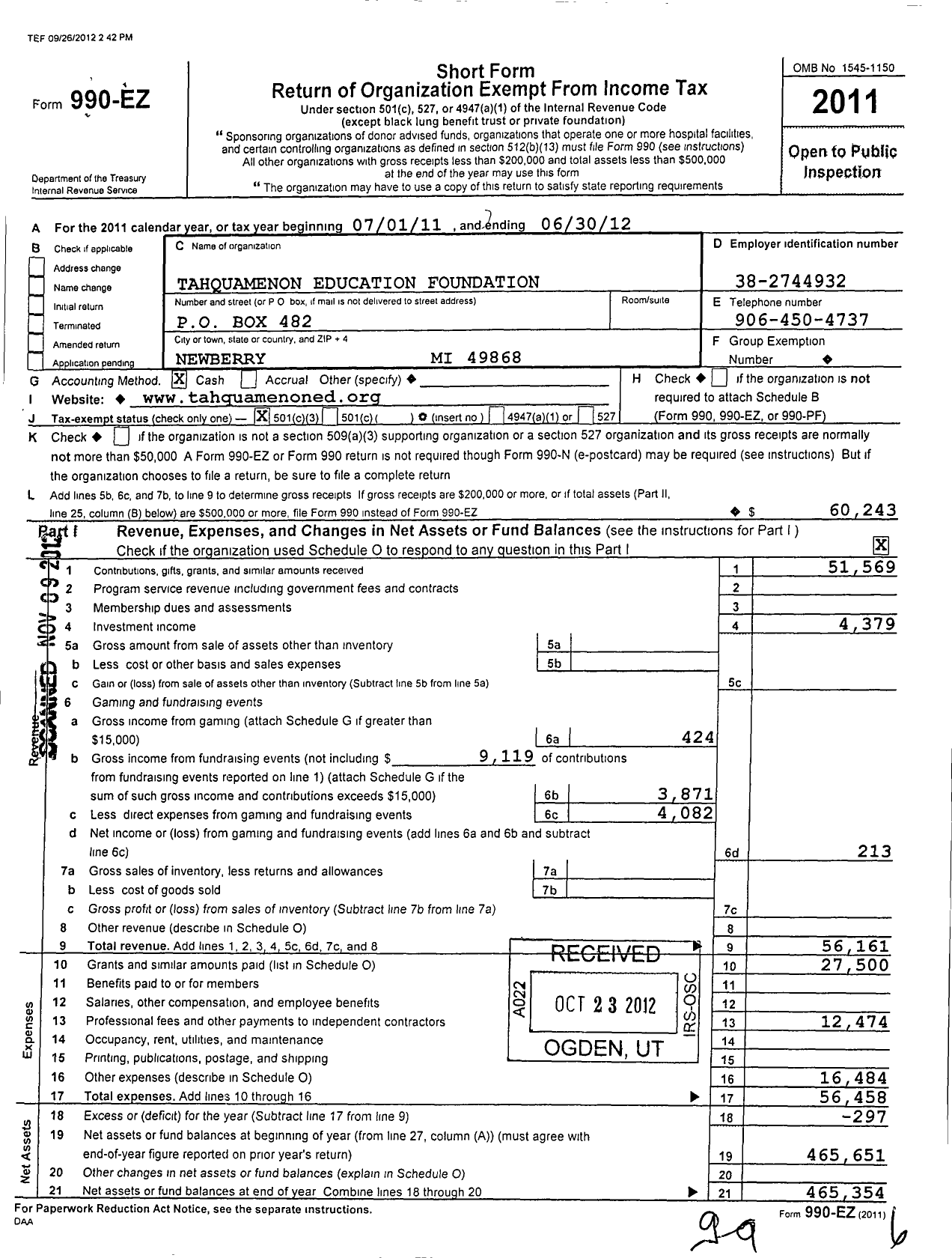 Image of first page of 2011 Form 990EZ for Tahquamenon Education Foundation