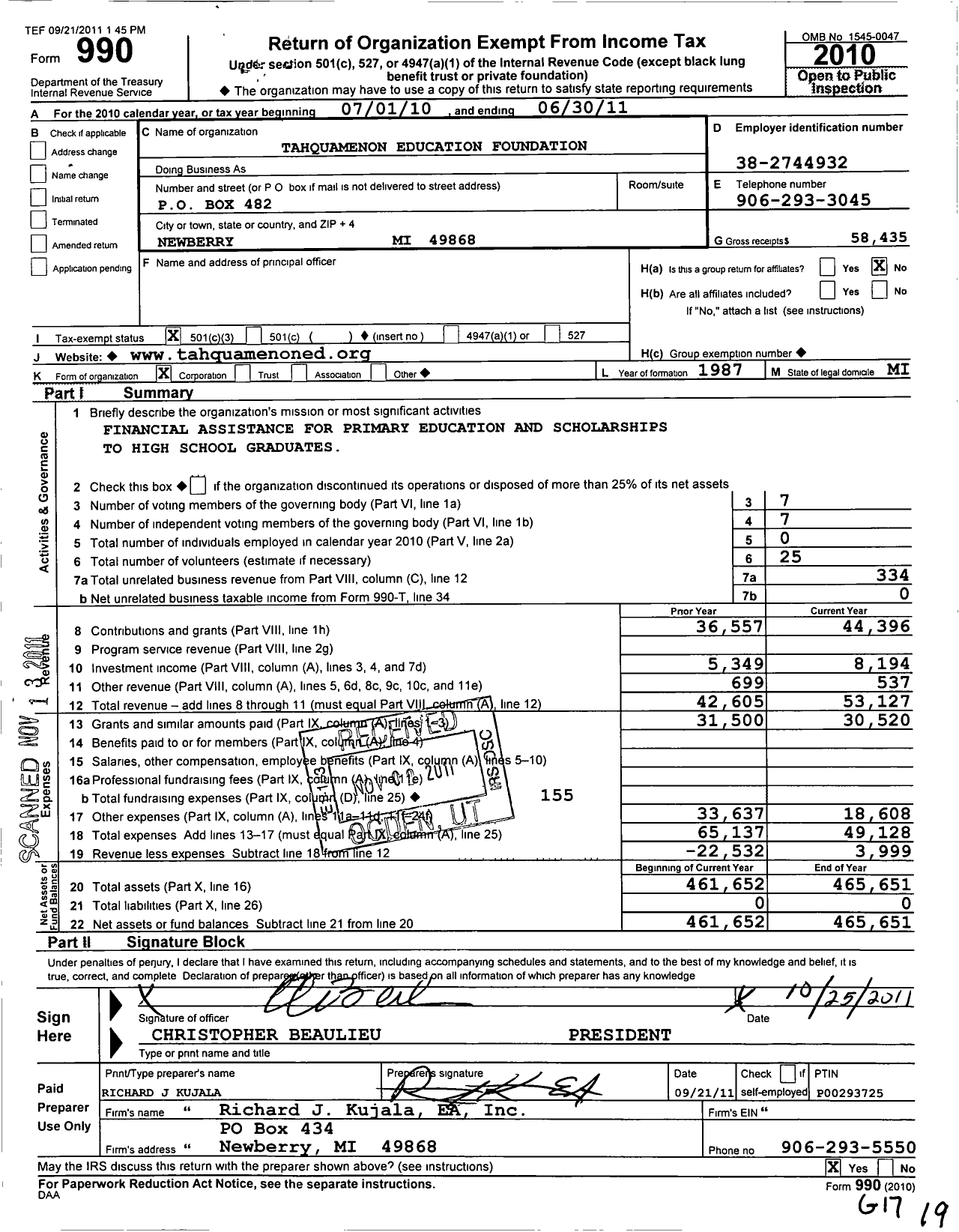 Image of first page of 2010 Form 990 for Tahquamenon Education Foundation