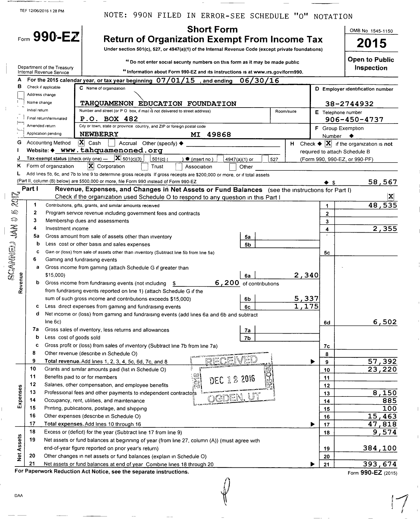 Image of first page of 2015 Form 990EZ for Tahquamenon Education Foundation