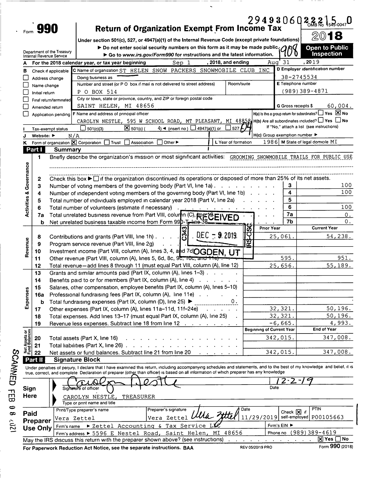 Image of first page of 2018 Form 990O for St Helen Snow Packers Snowmobile Club