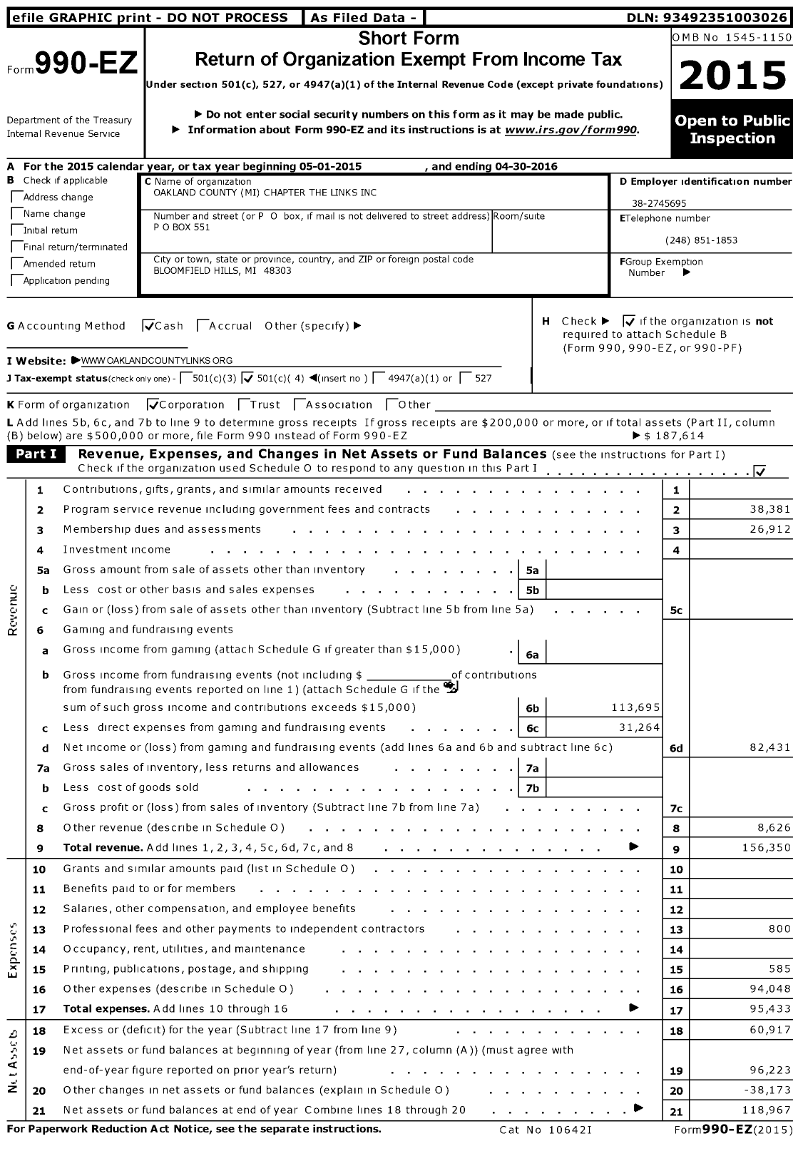 Image of first page of 2015 Form 990EO for Oakland County