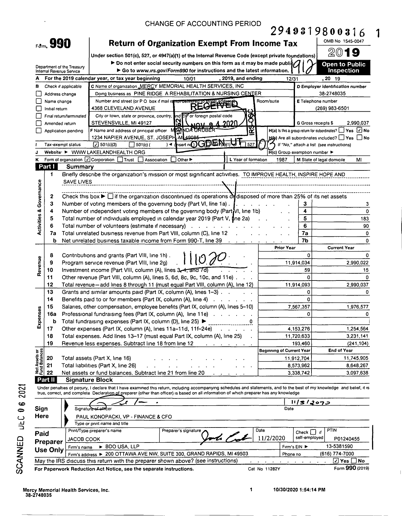Image of first page of 2019 Form 990 for Pine Ridge A Rehabilitation & Nursing Center