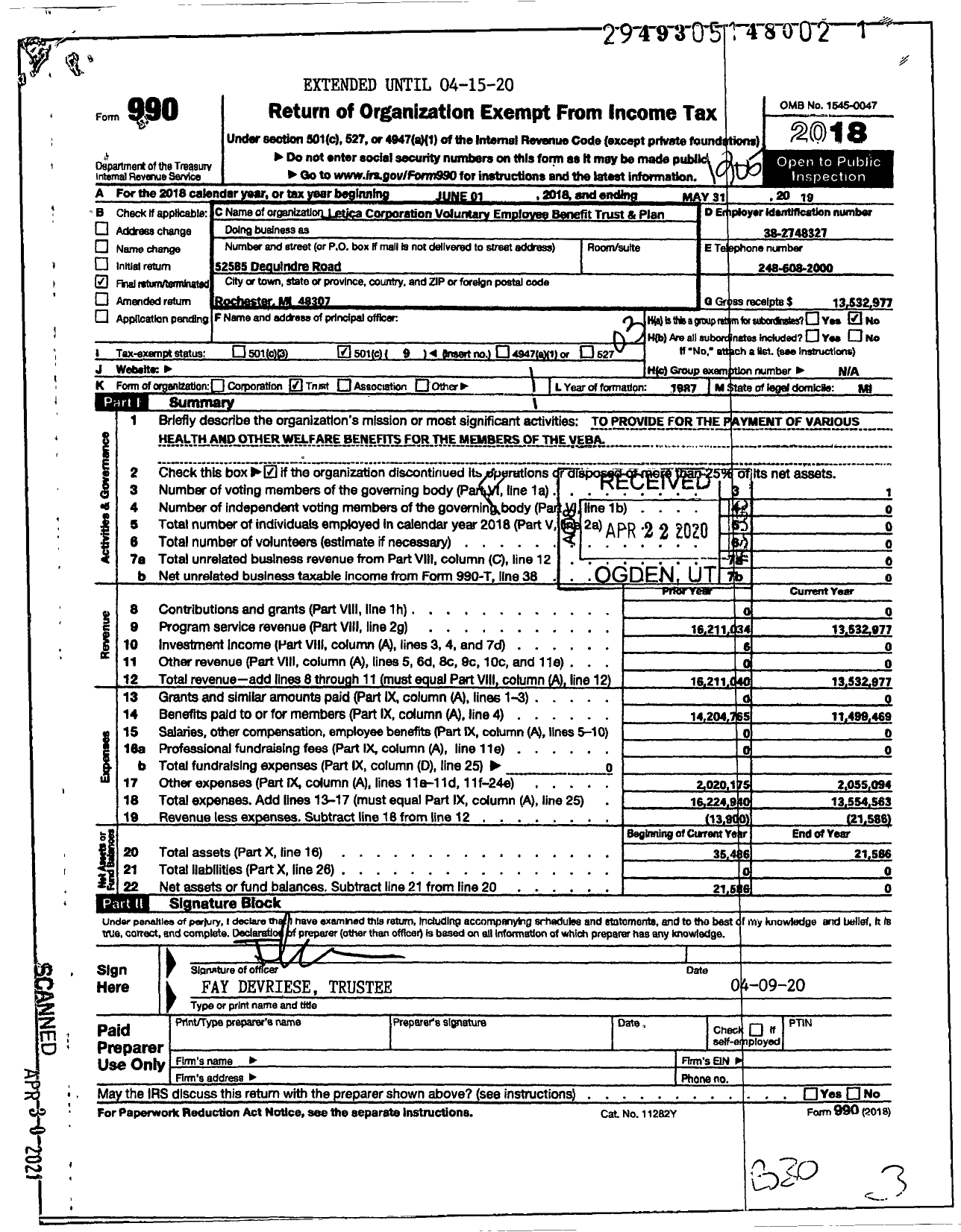 Image of first page of 2018 Form 990 for Letica Corporation Voluntary Employee Benefit Trust and Plan