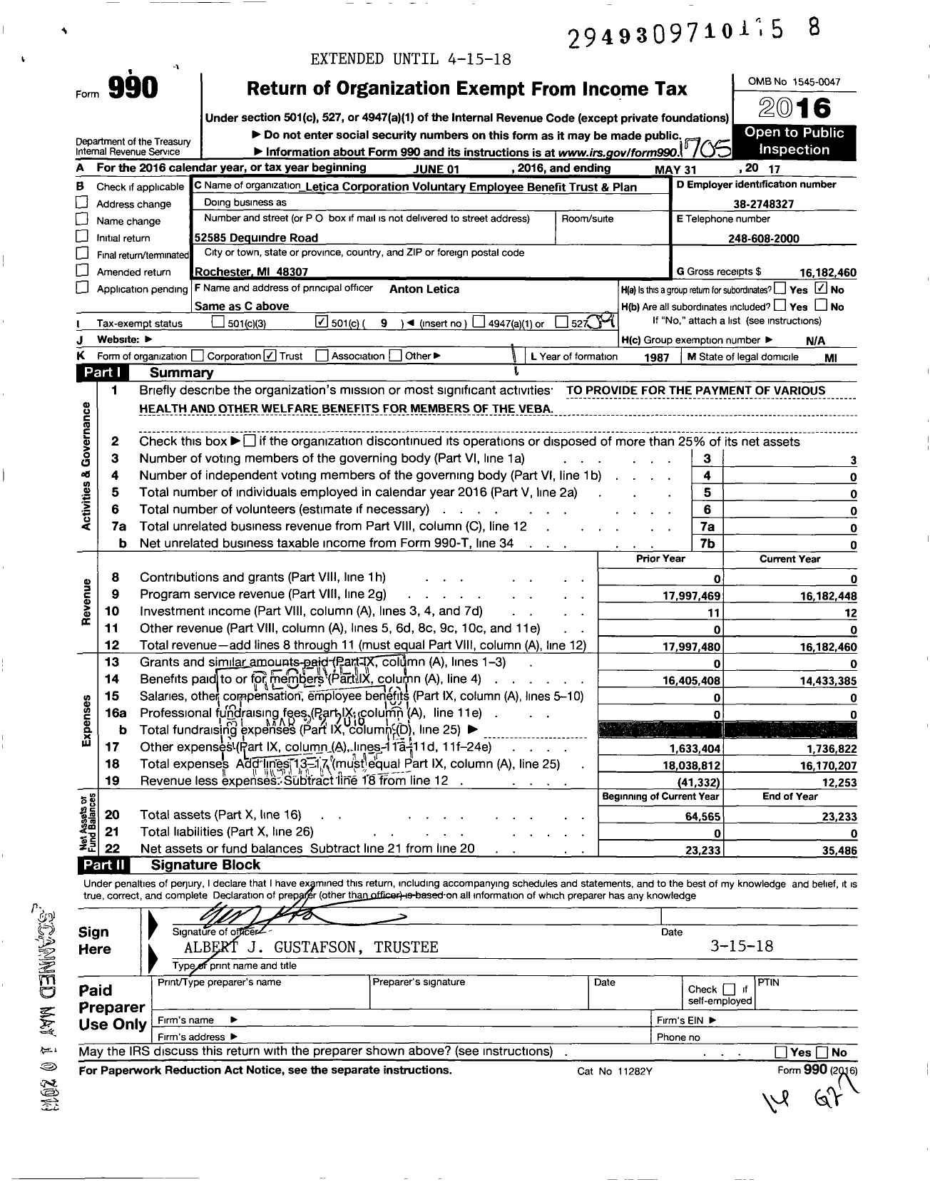 Image of first page of 2016 Form 990O for Letica Corporation Voluntary Employee Benefit Trust and Plan