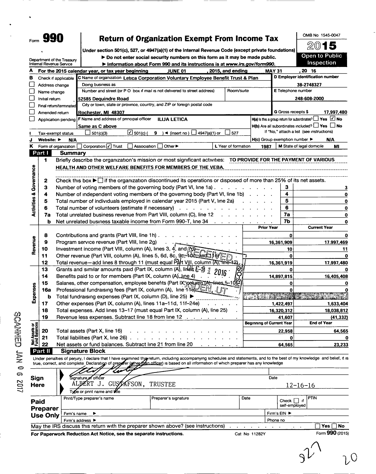 Image of first page of 2015 Form 990O for Letica Corporation Voluntary Employee Benefit Trust and Plan