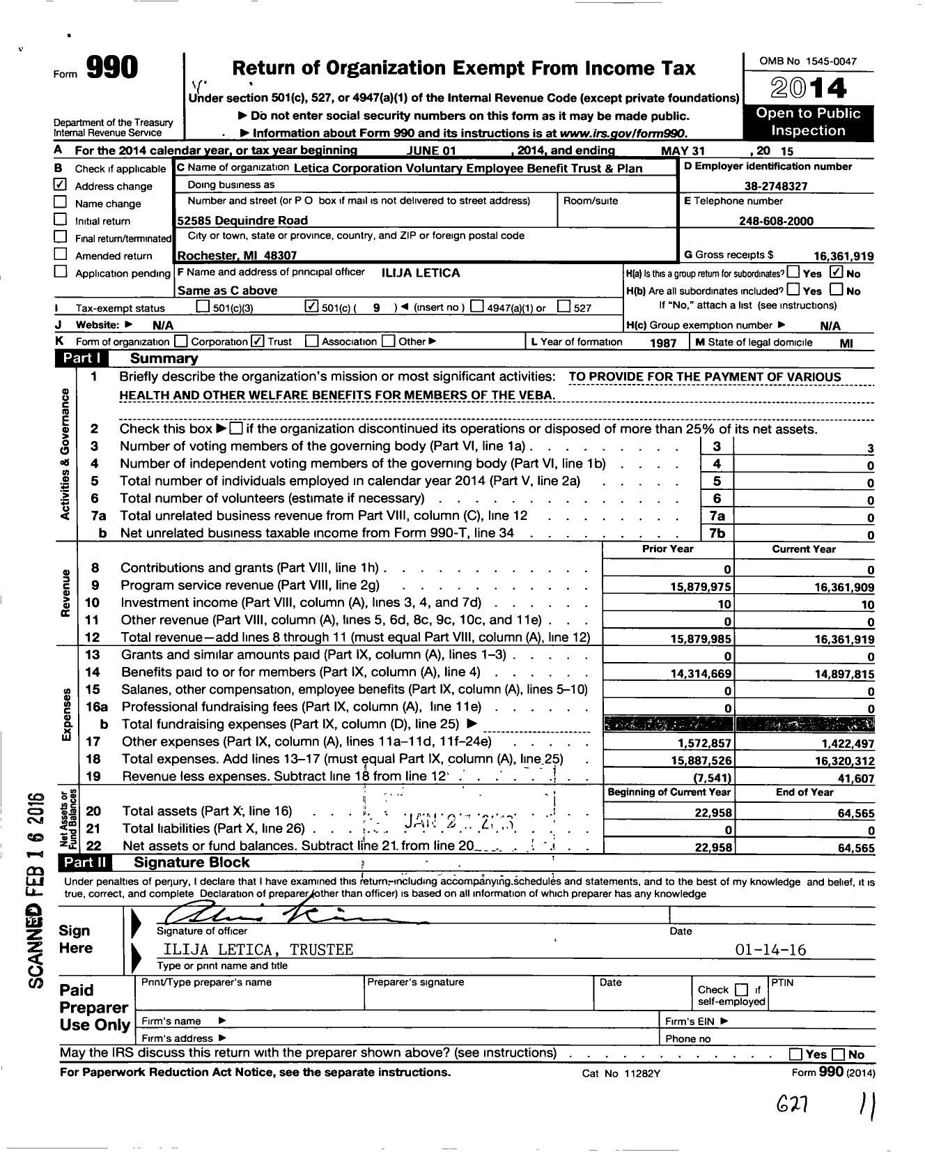 Image of first page of 2014 Form 990O for Letica Corporation Voluntary Employee Benefit Trust and Plan