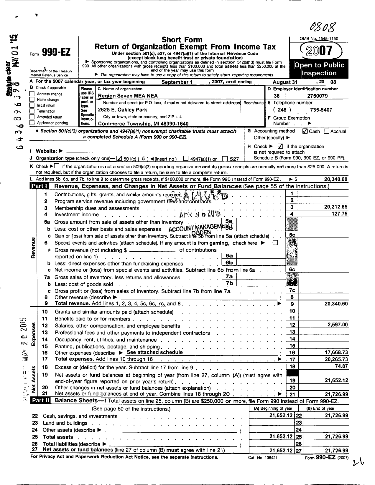 Image of first page of 2007 Form 990EO for Region Seven Mea Nea