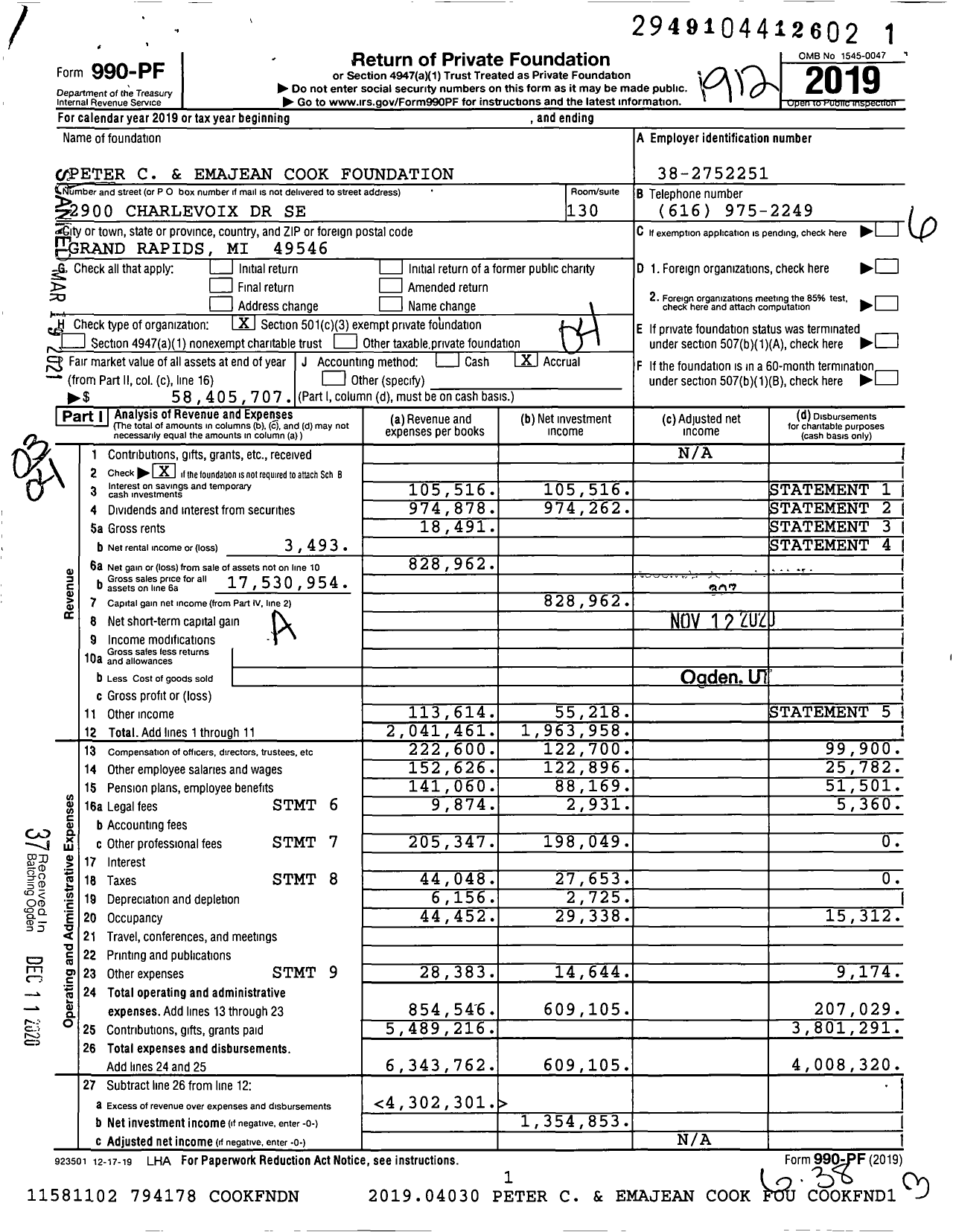 Image of first page of 2019 Form 990PF for Peter C. and Emajean Cook Foundation