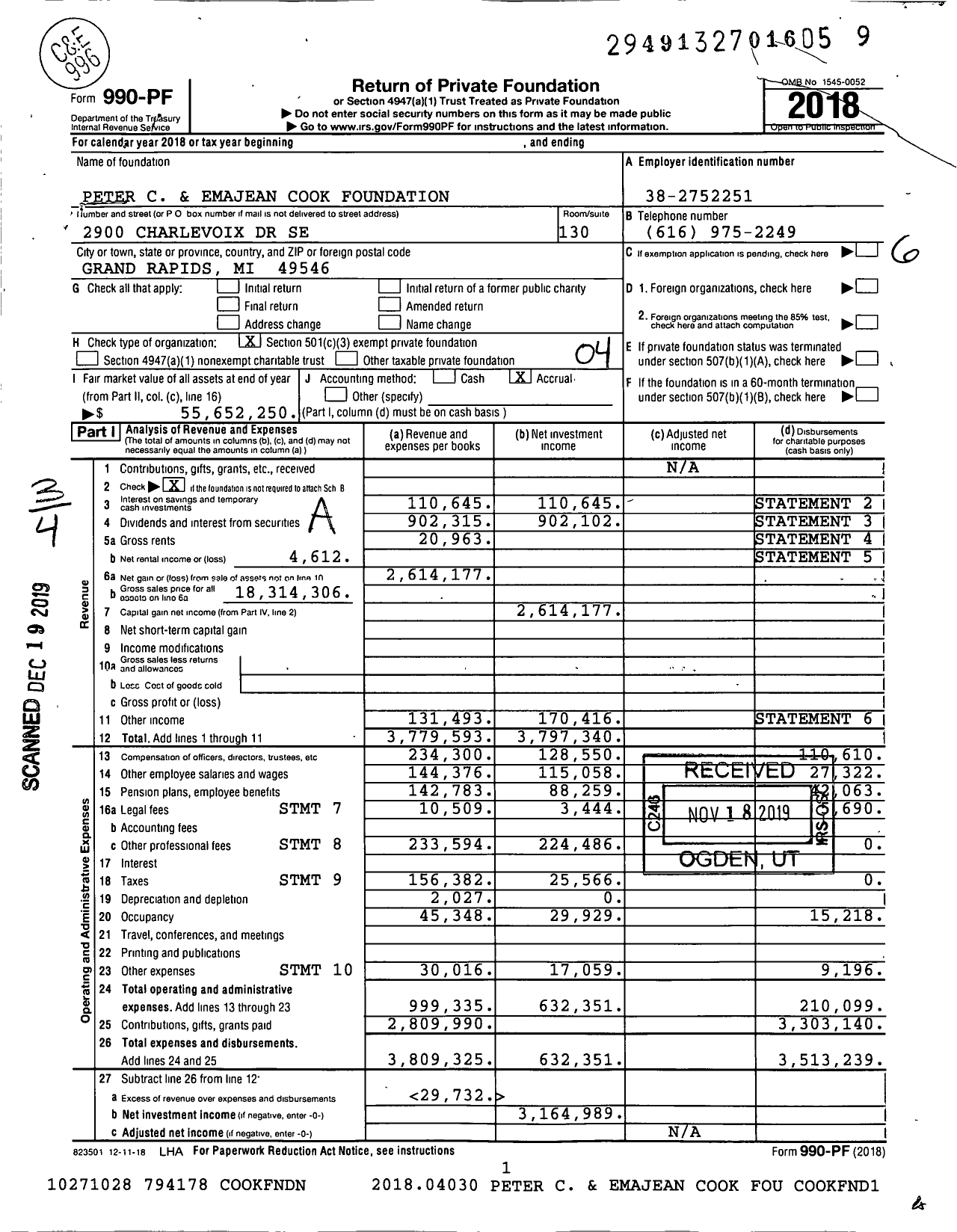 Image of first page of 2018 Form 990PF for Peter C. and Emajean Cook Foundation