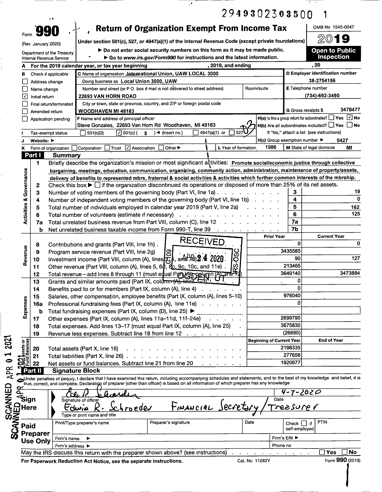 Image of first page of 2019 Form 990 for UAW - International Union UAW LOCAL 3000
