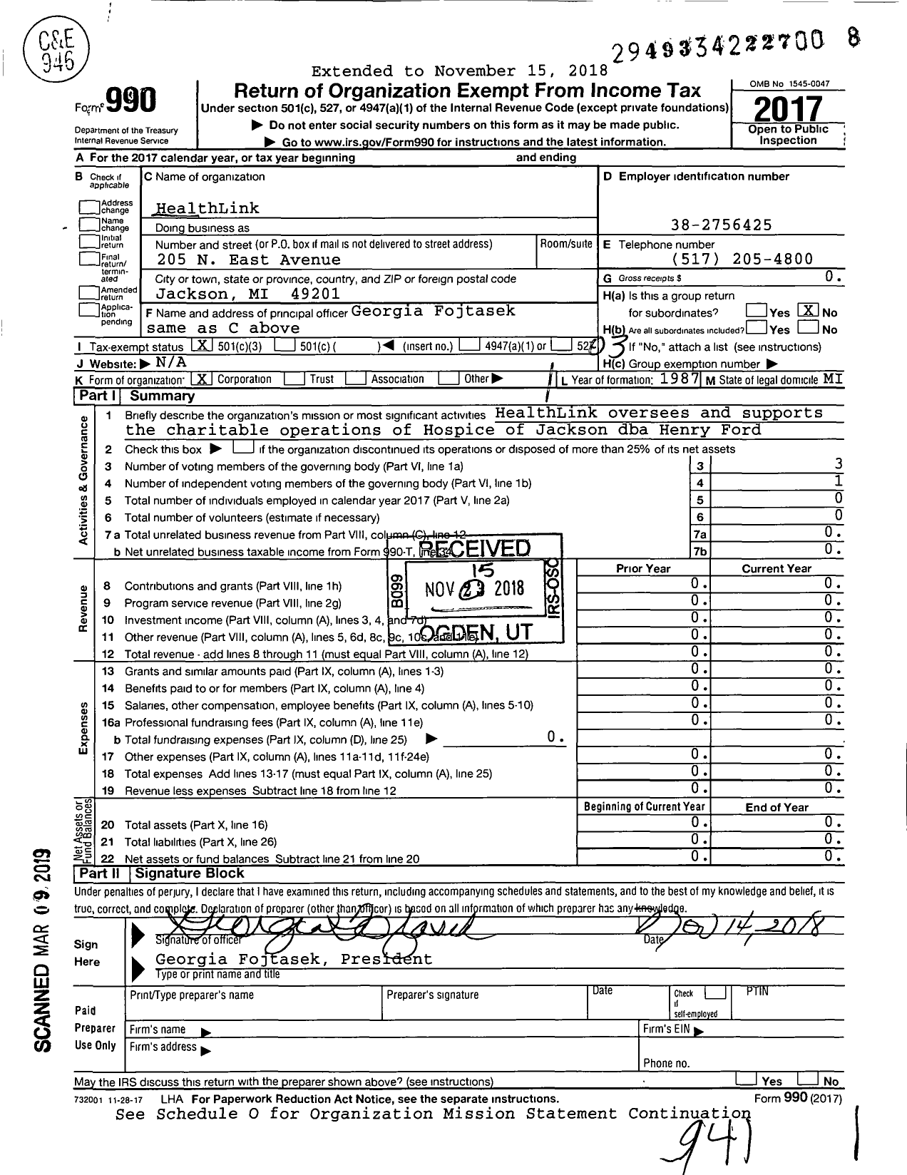 Image of first page of 2017 Form 990 for HealthLink