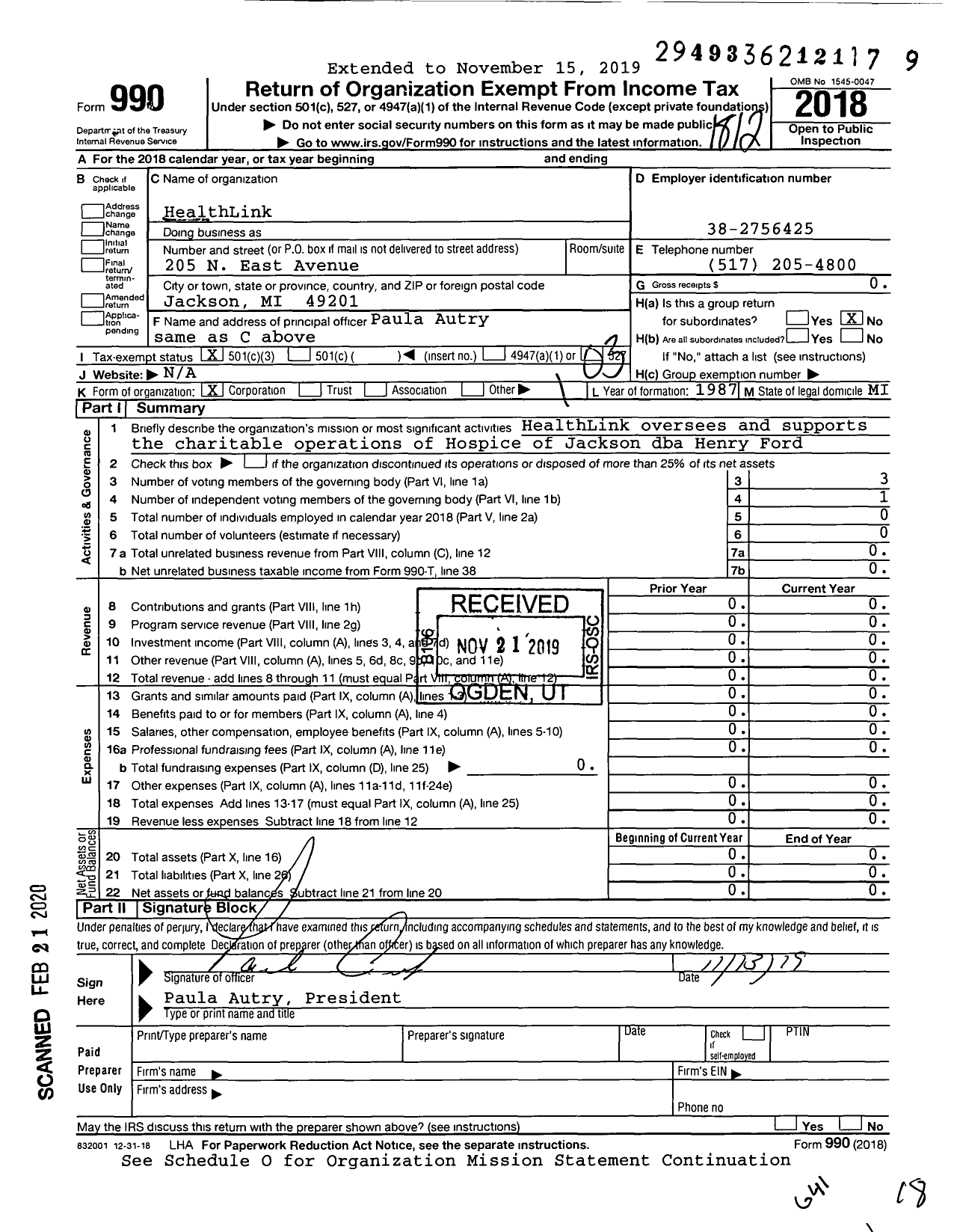 Image of first page of 2018 Form 990 for HealthLink