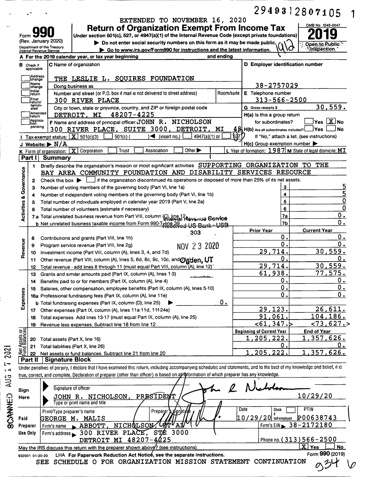 Image of first page of 2019 Form 990 for Leslie L Squires Foundation