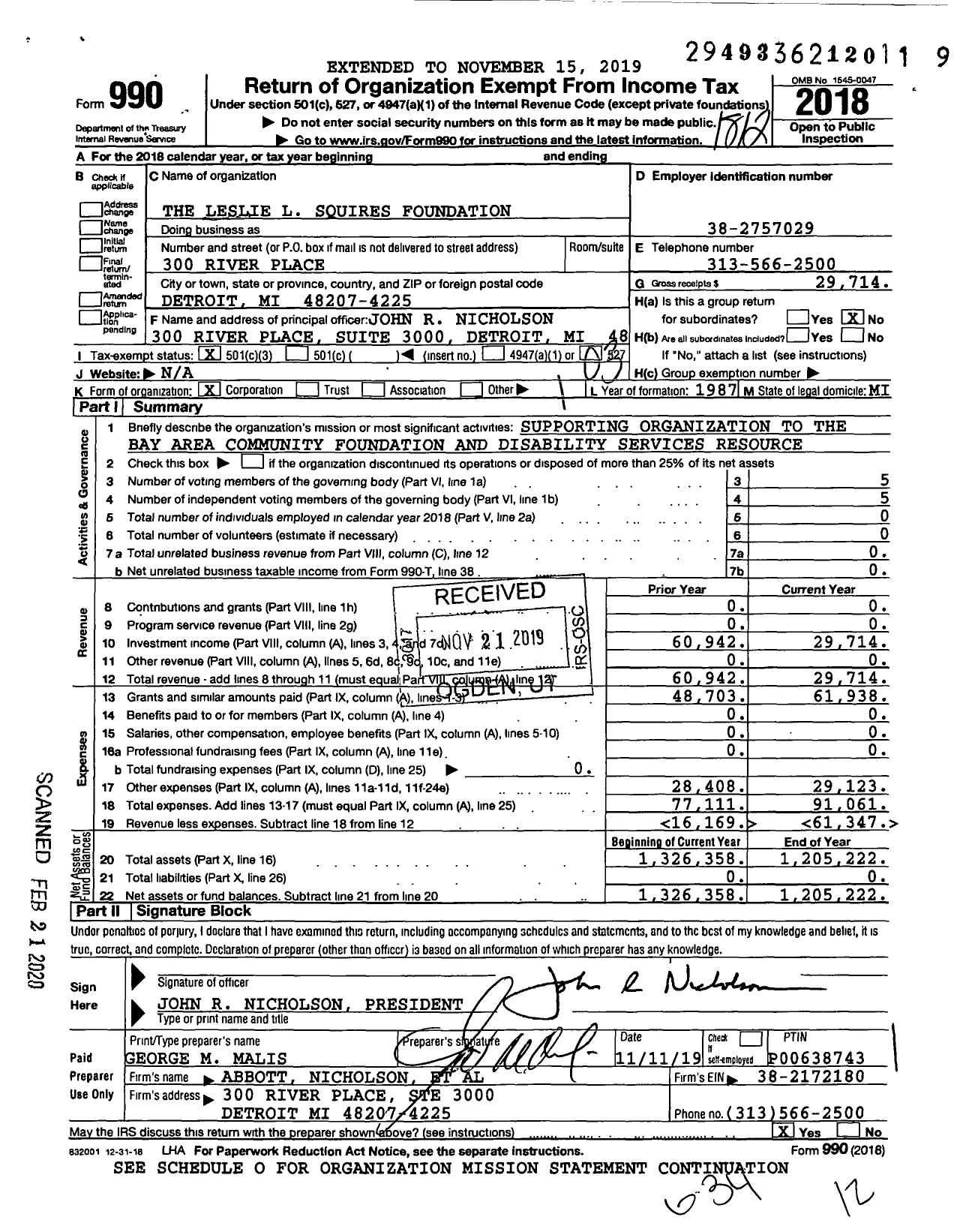 Image of first page of 2018 Form 990 for Leslie L Squires Foundation