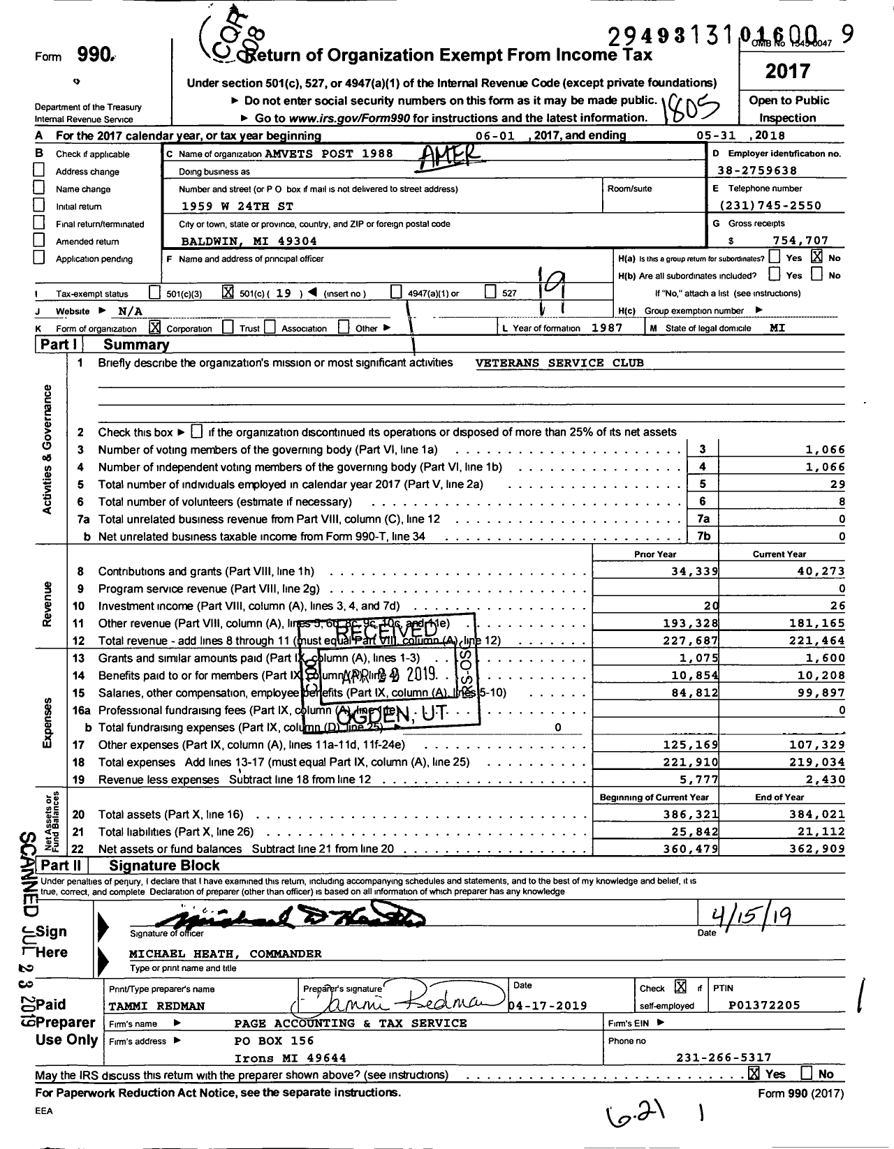 Image of first page of 2017 Form 990O for Amvets - Amvets Post 1988