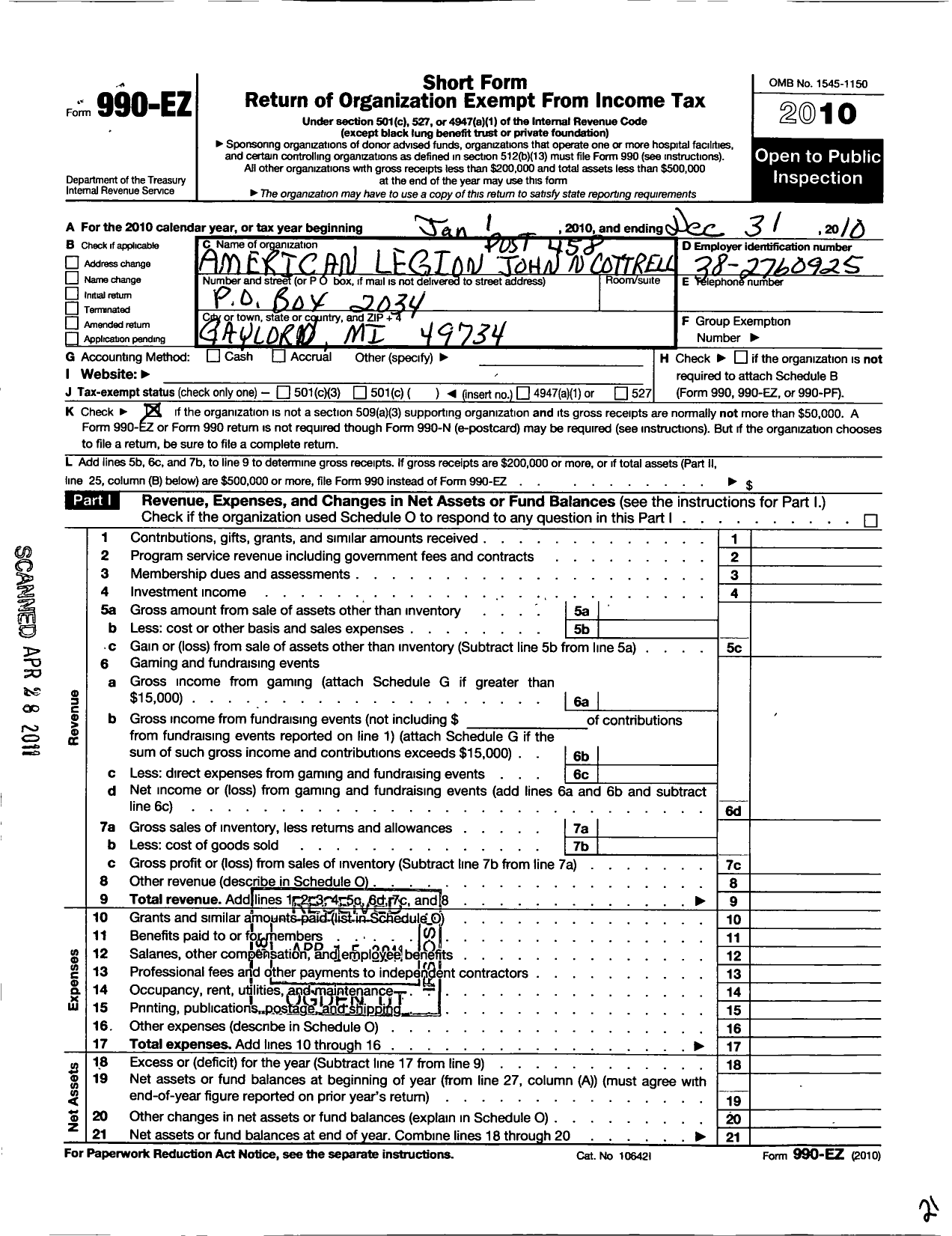 Image of first page of 2010 Form 990EO for American Legion - 0458 John N Cottrell