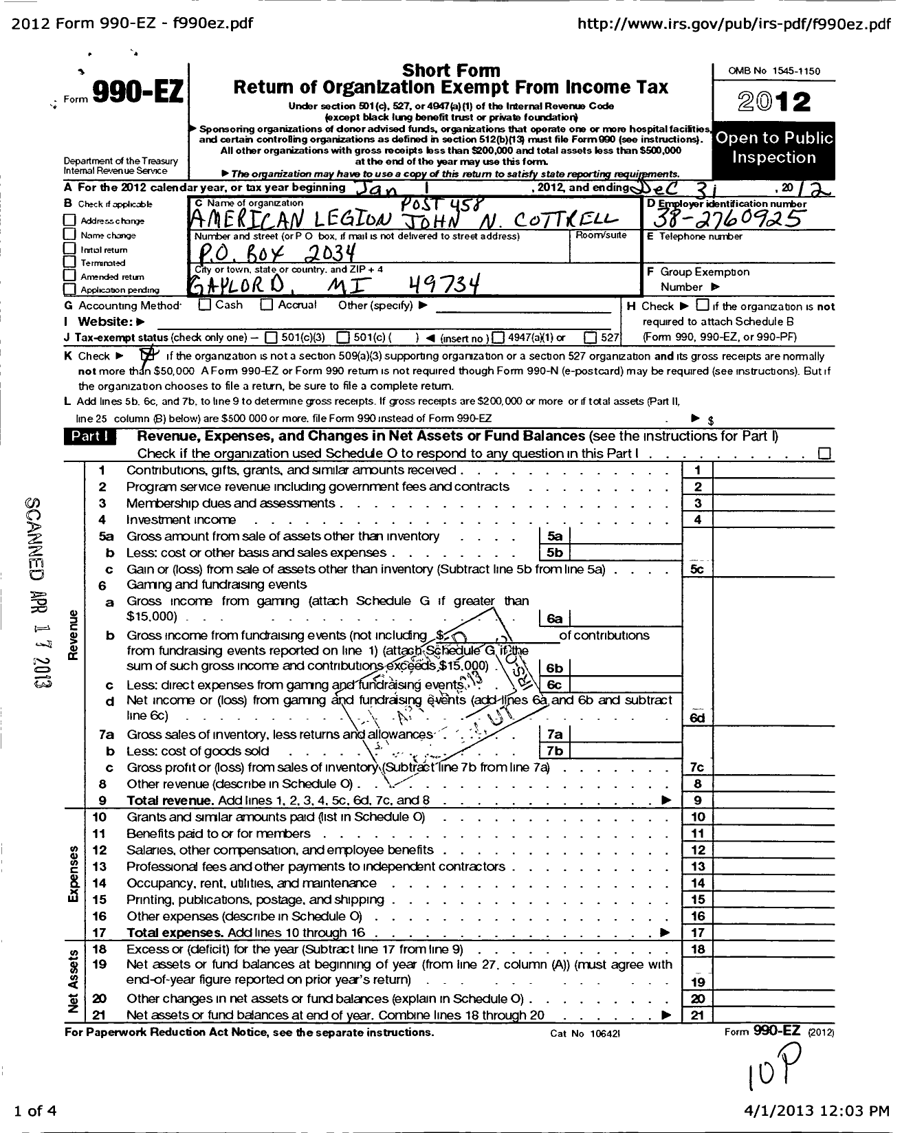 Image of first page of 2012 Form 990EO for American Legion - 0458 John N Cottrell