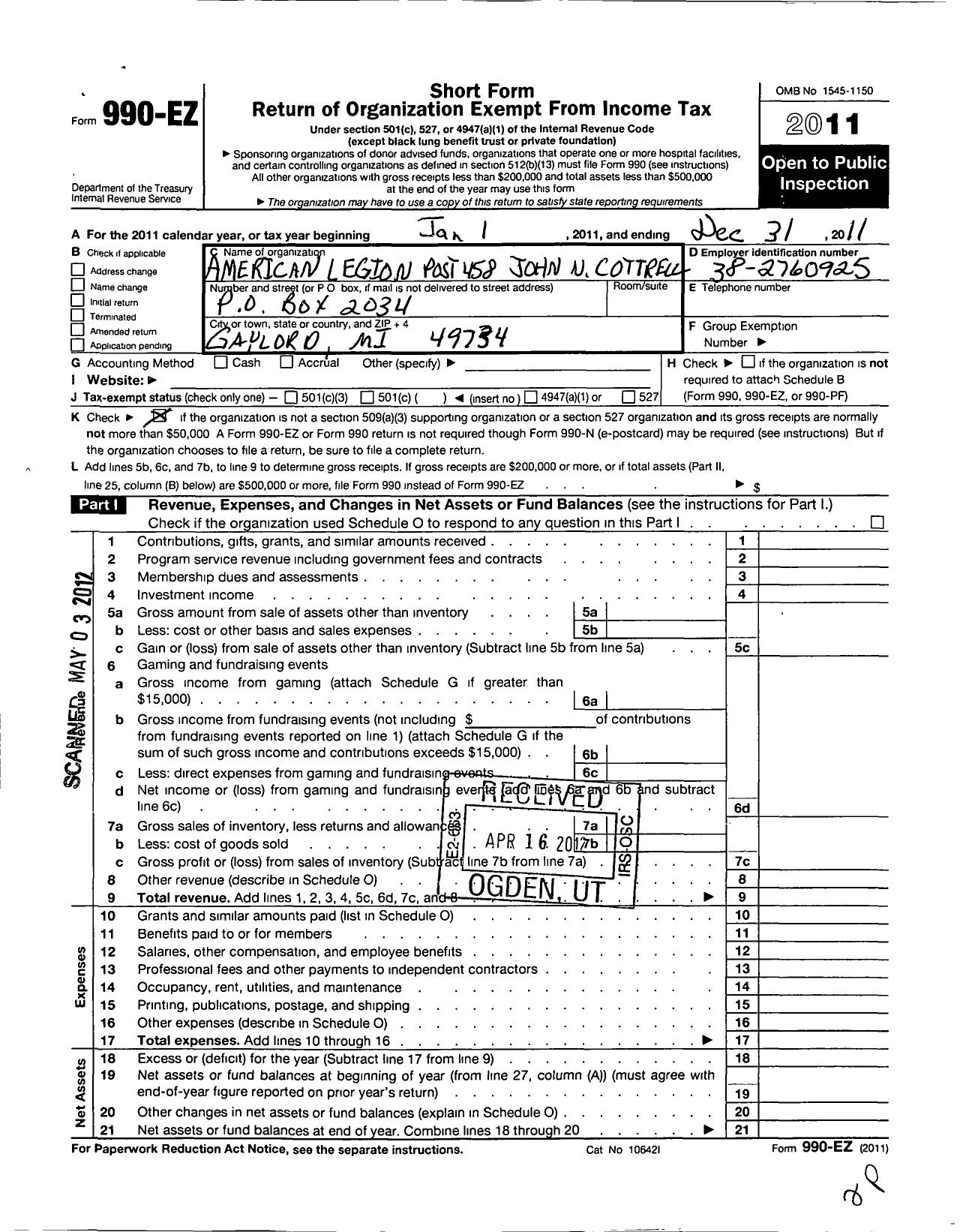 Image of first page of 2011 Form 990EO for American Legion - 0458 John N Cottrell