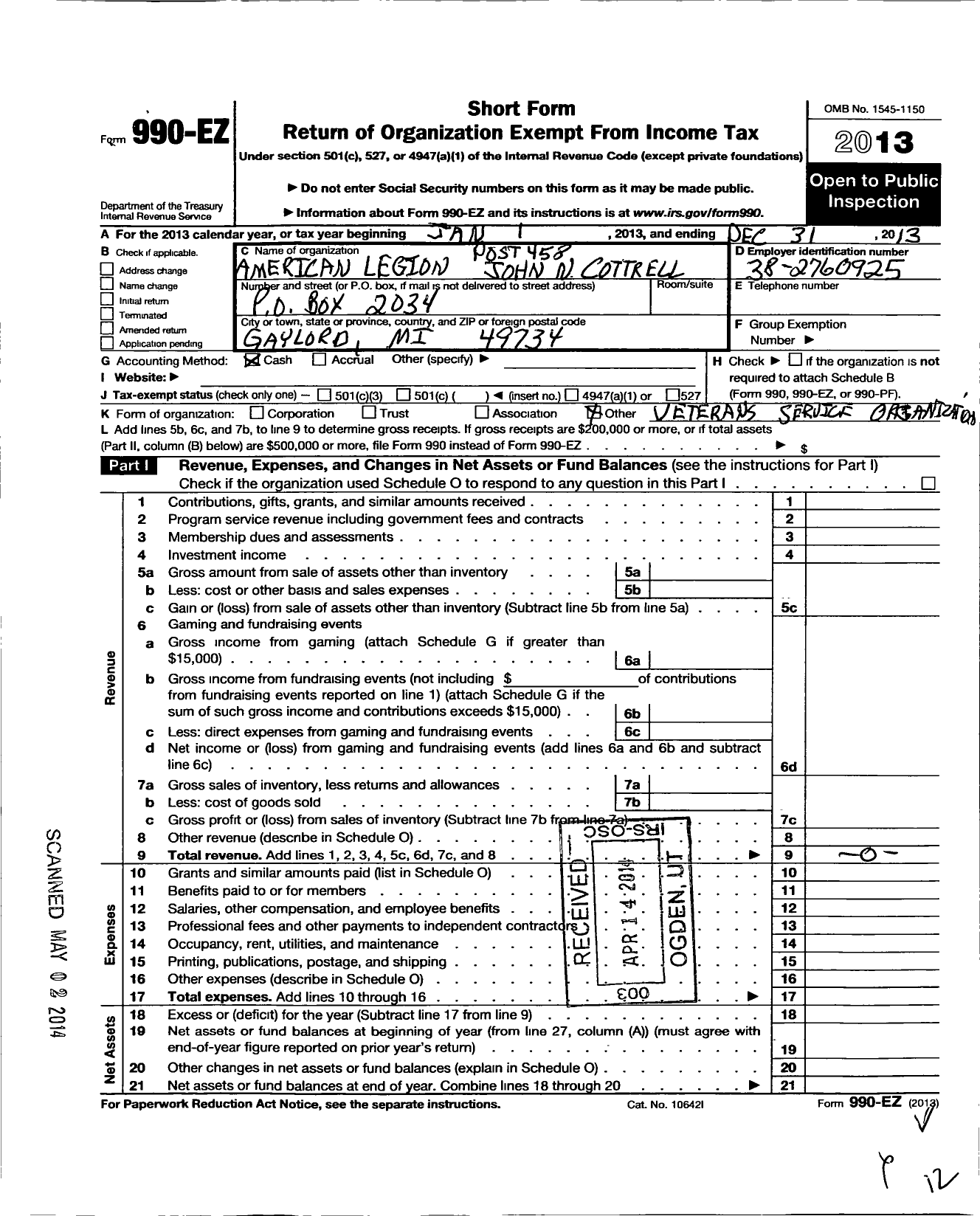 Image of first page of 2013 Form 990EO for American Legion - 0458 John N Cottrell