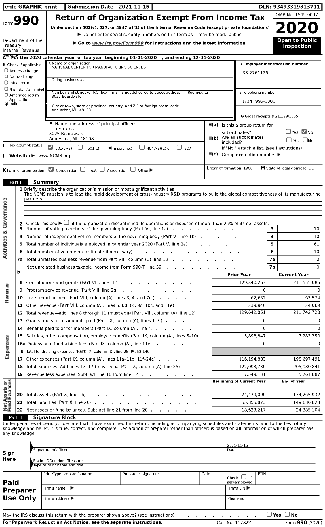 Image of first page of 2020 Form 990 for National Center for Manufacturing Sciences