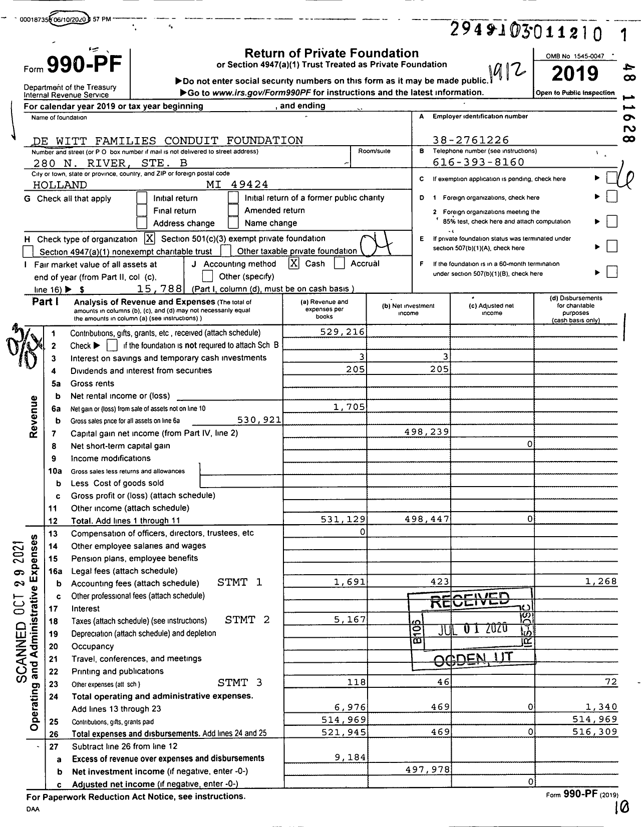 Image of first page of 2019 Form 990PF for De Witt Families Conduit Foundation