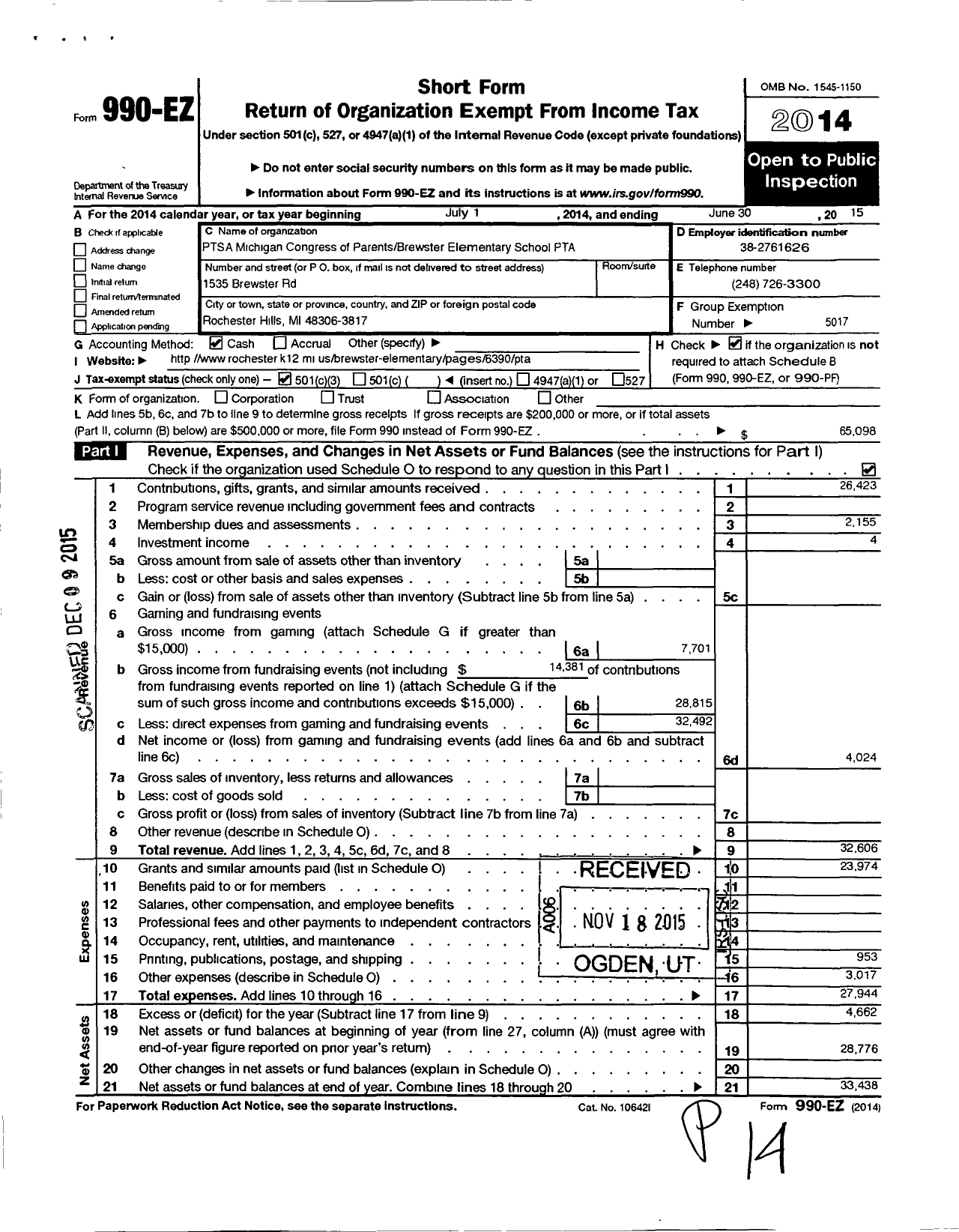 Image of first page of 2014 Form 990EZ for Ptsa Michigan Congress of Parents Teachers and Students / Brewster Elementary School PTA