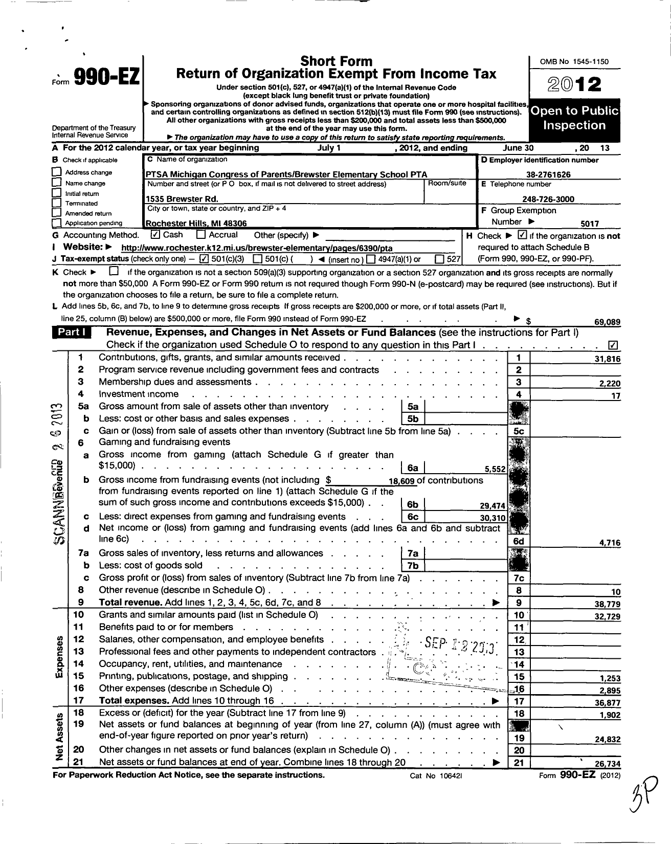 Image of first page of 2012 Form 990EZ for Ptsa Michigan Congress of Parents Teachers and Students / Brewster Elementary School PTA