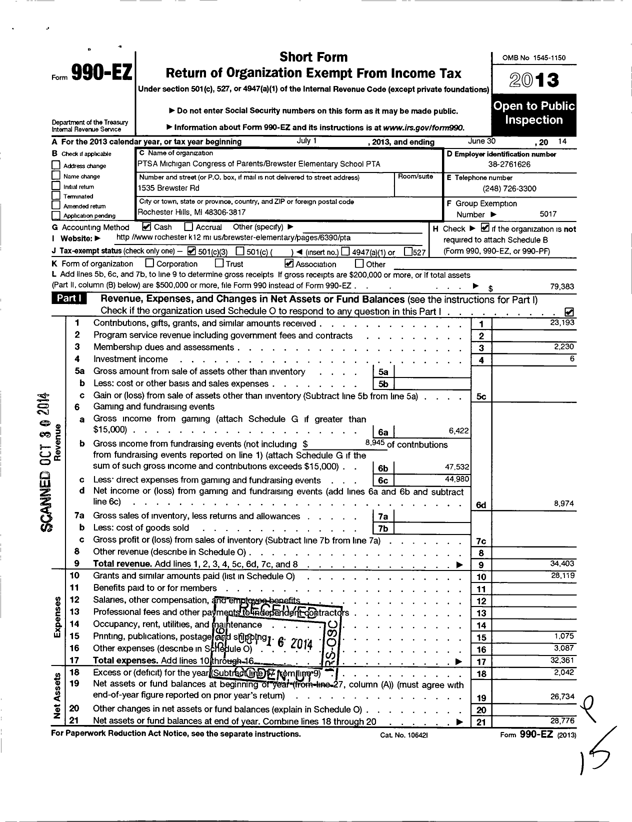 Image of first page of 2013 Form 990EZ for Ptsa Michigan Congress of Parents Teachers and Students / Brewster Elementary School PTA