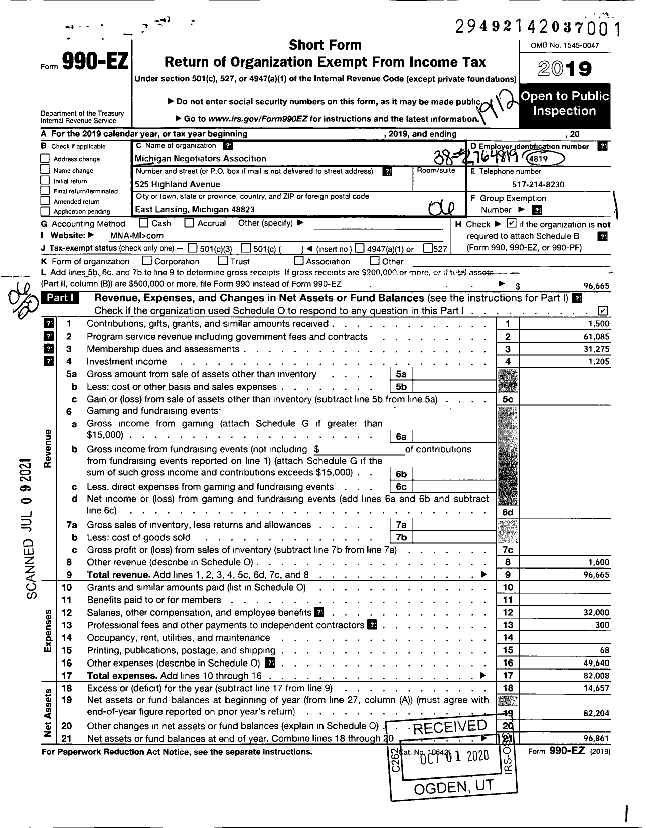 Image of first page of 2019 Form 990EO for Michigan Negotiators Association